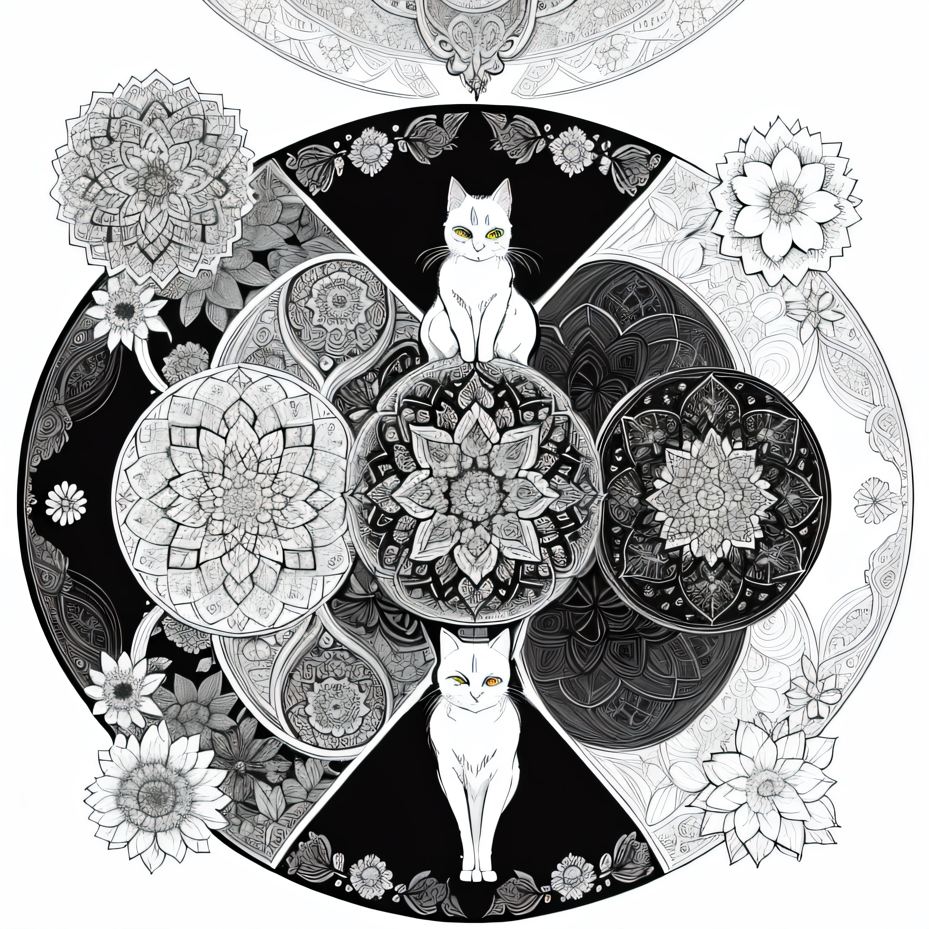 (highes definition, 8k) Estilo de livro para colorir, Obra-prima, Melhor Qualidade, 1 cat , Fantasia, Flor, Flor Linha de Desenho Fundo, Linha de Arte, preto e branco, linhas em negrito, linhas fortes, estilo jardim secreto, mandalas.