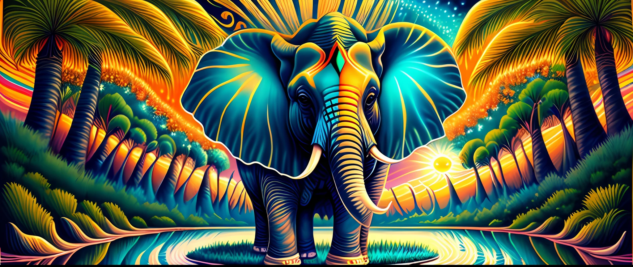 an elephant standing next to a body of water, an airbrush painting, by Jason Benjamin, psychedelic art, symmetric detailed, sun rising, serene expression, kerem beyit, greg hildebrandt highly detailed, portrait of a zentaur, cute elephant, tusks --auto --s2