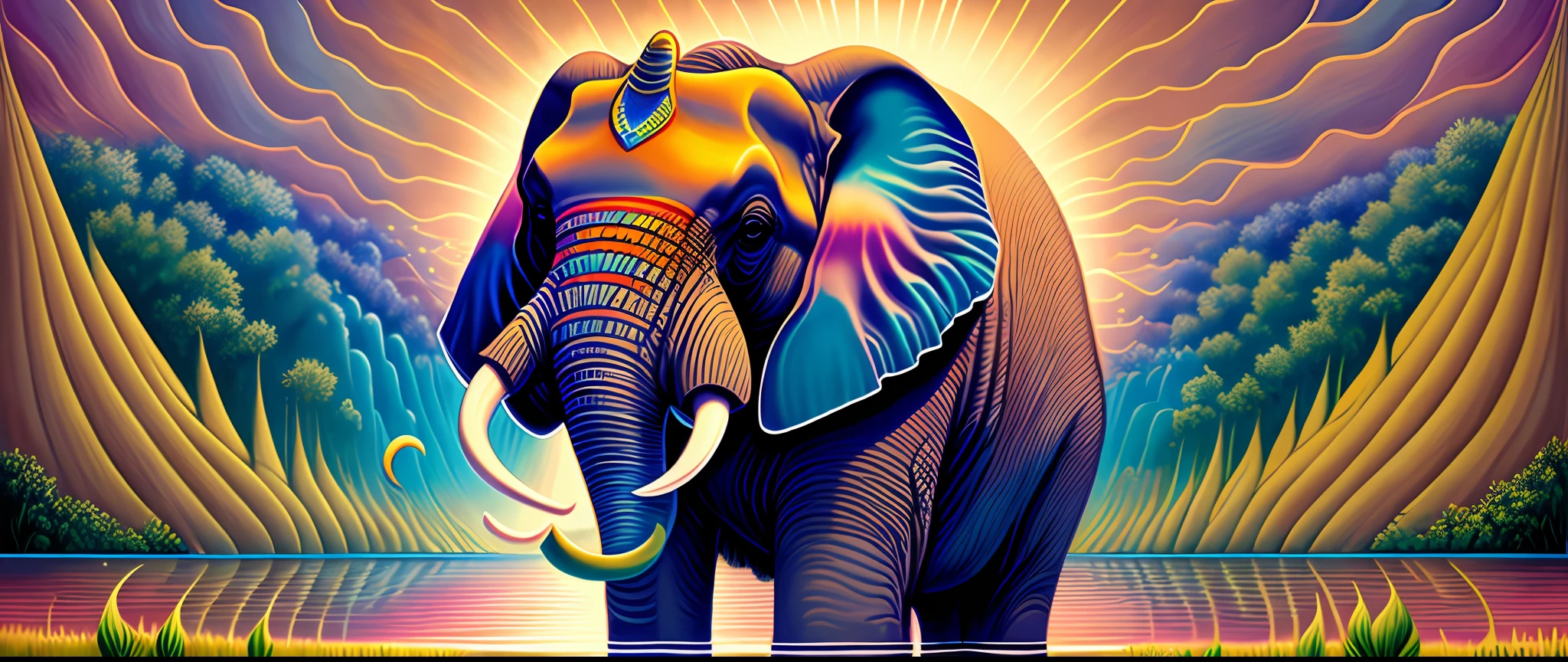 an elephant standing next to a body of water, an airbrush painting, by Jason Benjamin, psychedelic art, symmetric detailed, sun rising, serene expression, kerem beyit, greg hildebrandt highly detailed, portrait of a zentaur, cute elephant, tusks --auto --s2