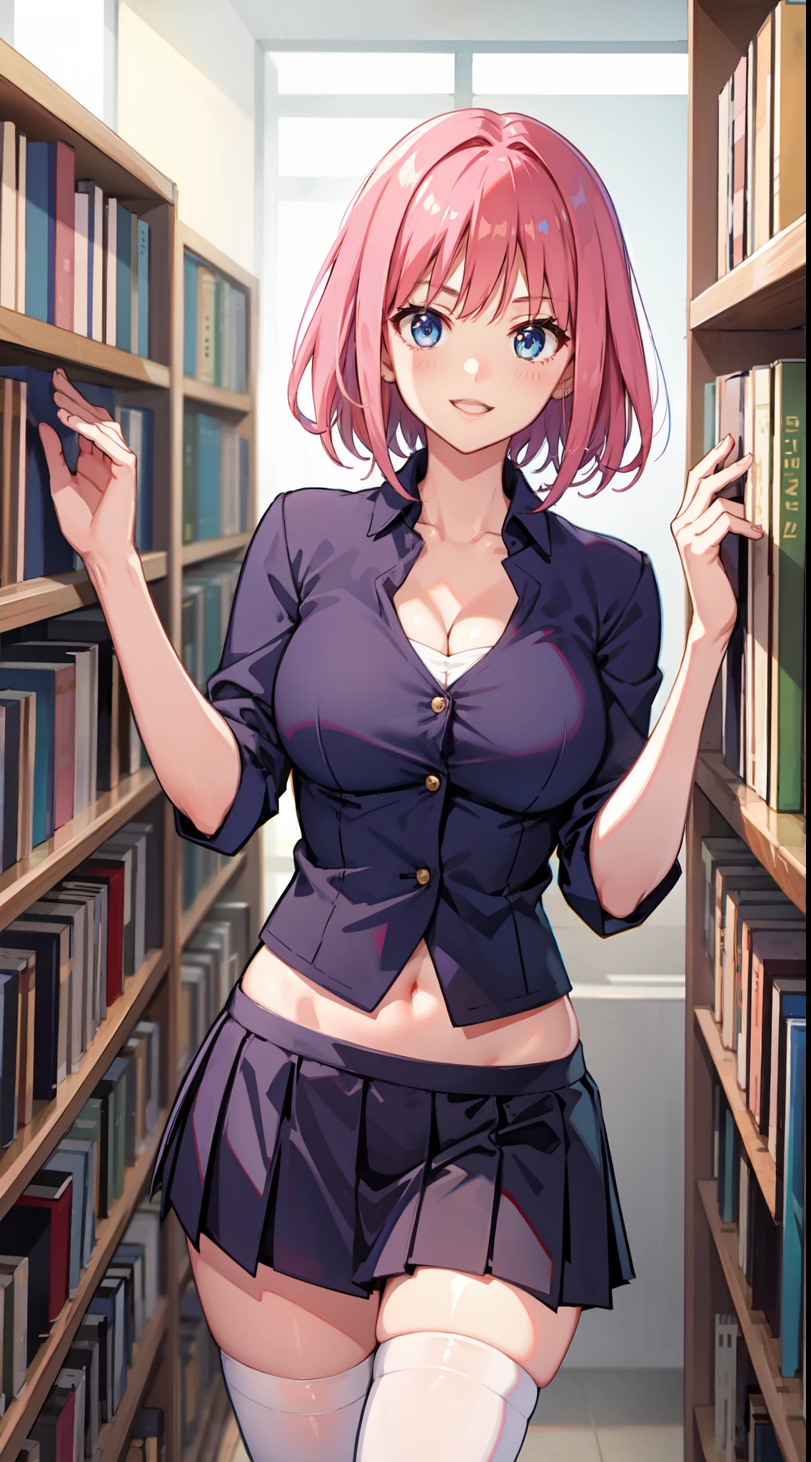 nakano nino, short hair, medium breast, slim legs, happy, cleavage, short skirt, navel, blue eyes, school uniform, thigh high socks, stand, library, pink hair