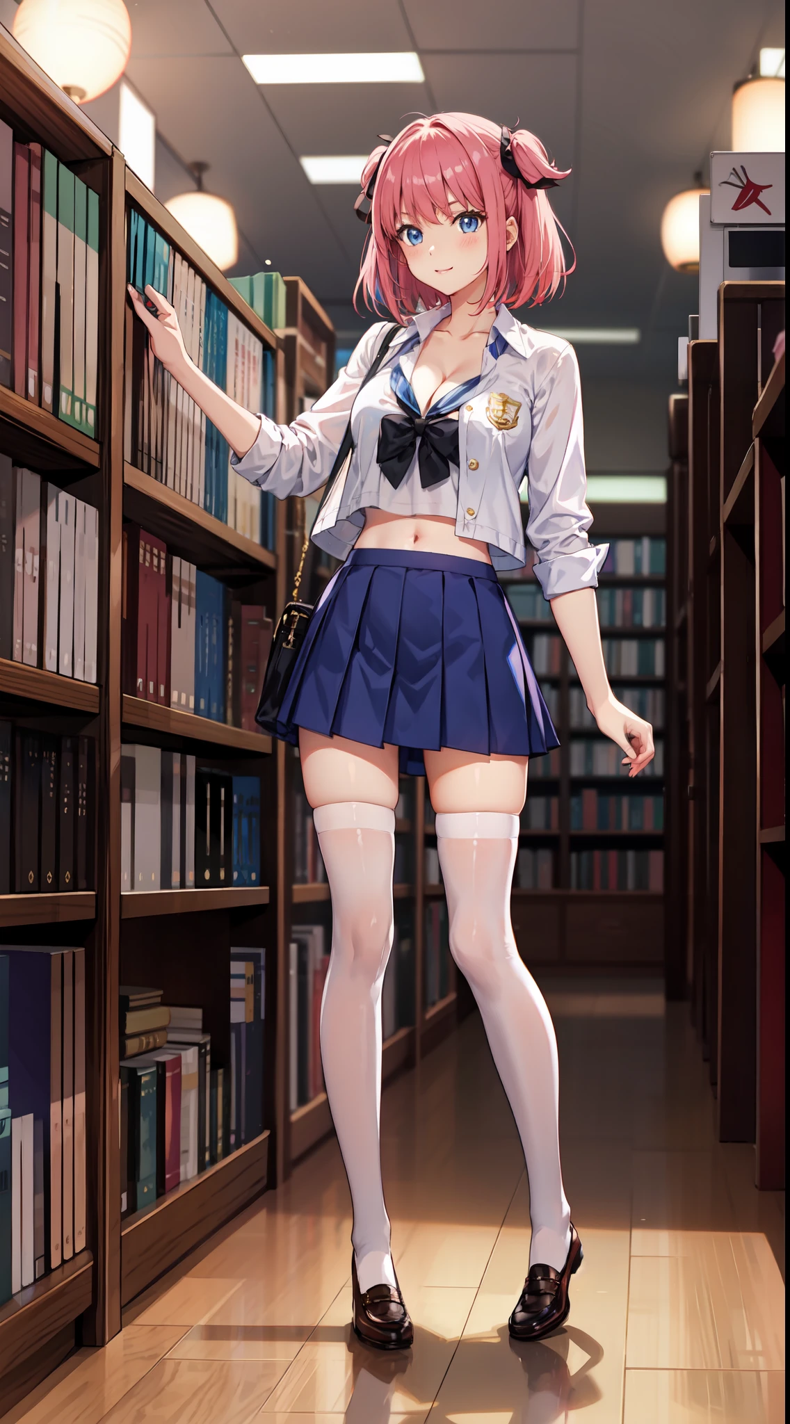 nakano nino, short hair, medium breast, slim legs, happy, cleavage, short skirt, navel, blue eyes, school uniform, thigh high socks, stand, library, pink hair
