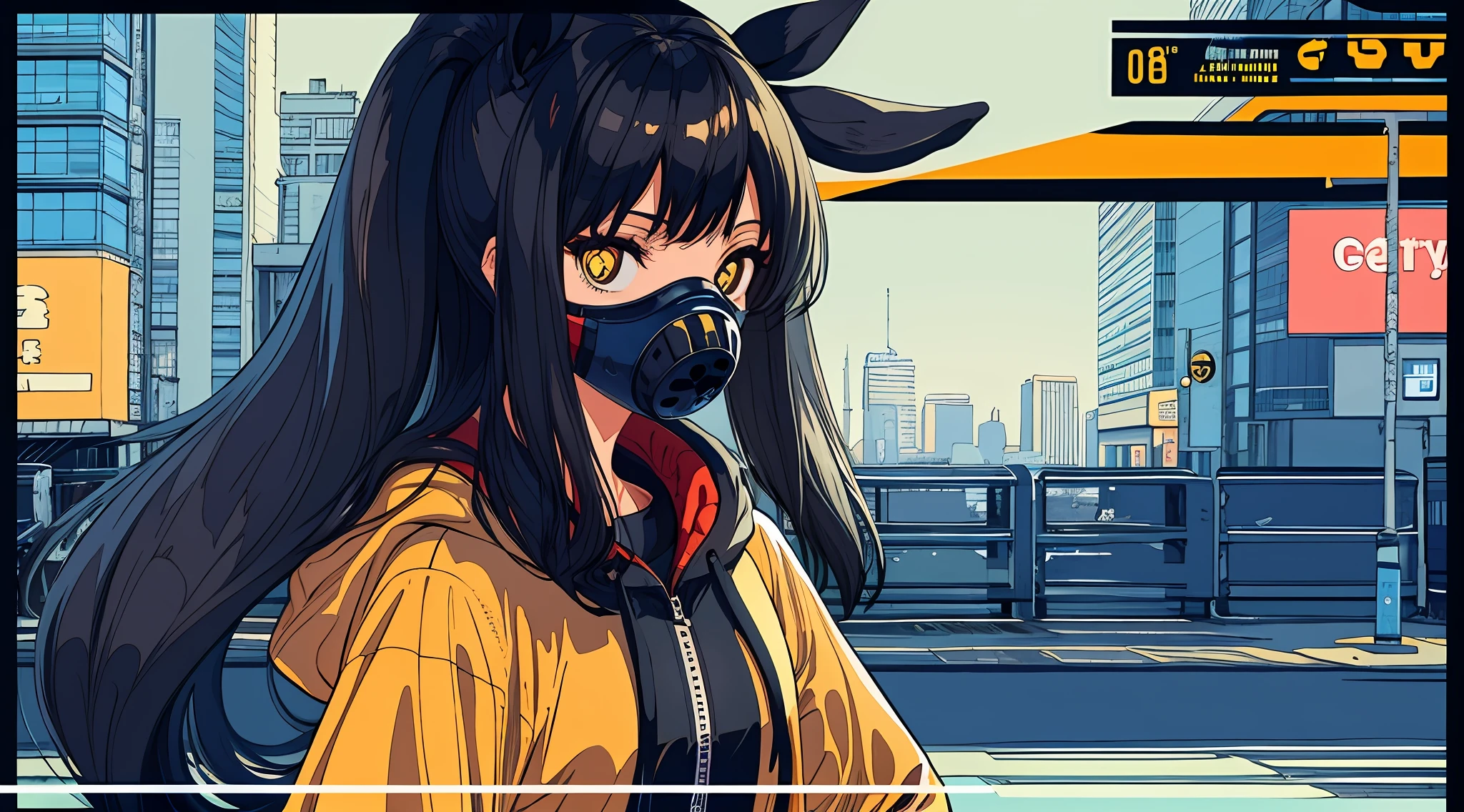 1girl, long black hair with pony, yellow pupils, battlesuit, hoodie, gas mask, sub urban city, ligne claire, cogecha, 4k, details