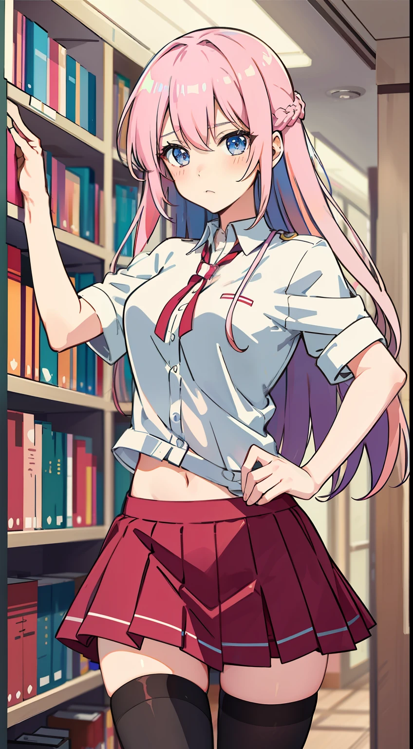 shikimori, slim legs, navel, short skirt, standing, beautiful eyes, blue eyes, blushing, school uniform, library, pink hair, long hair, thigh high socks