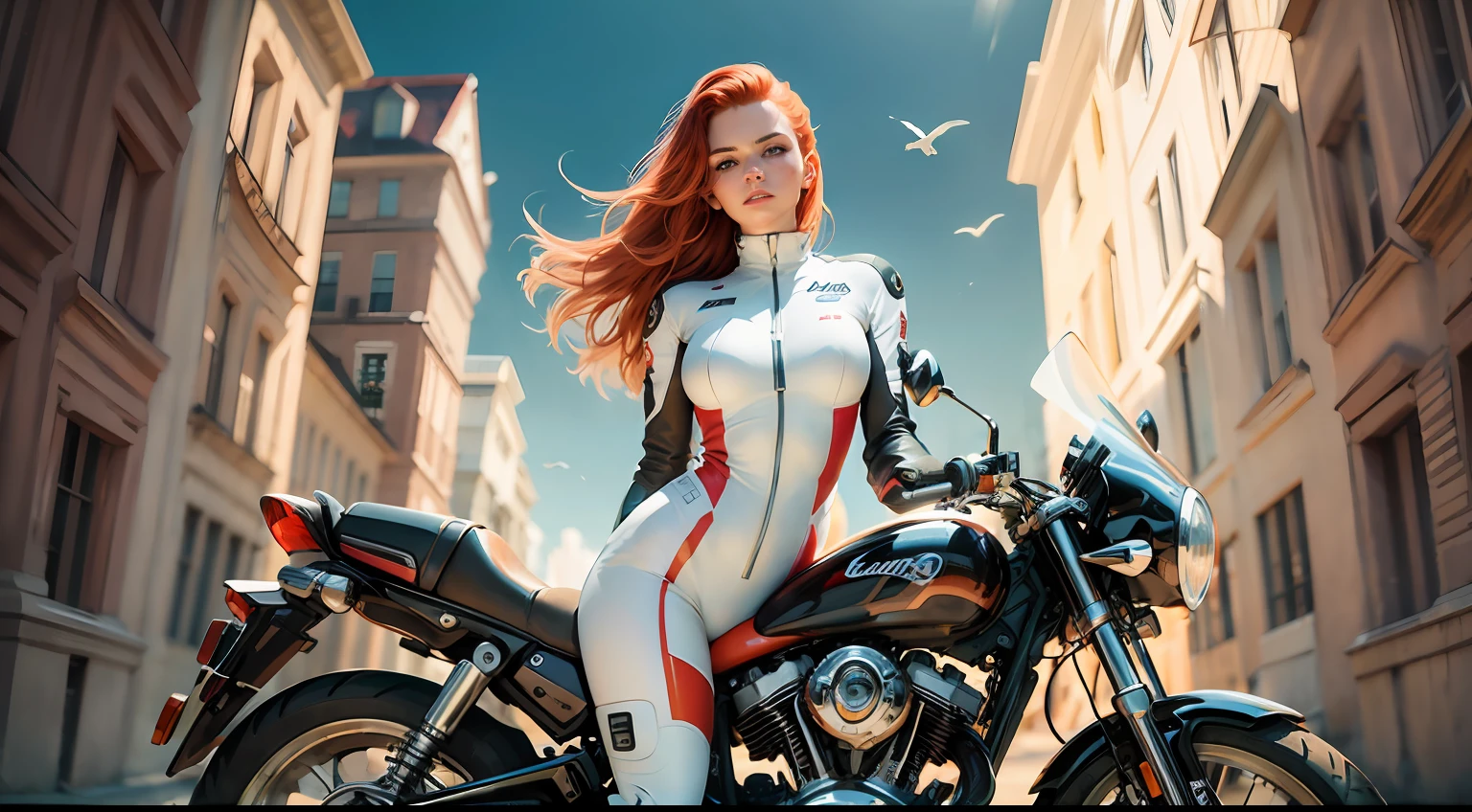 Redhead, red hair, freckles, long straight hair, European youth, perfect body, (perfect body), complete pilotsuit, adjusted pilotsuit, white pilotsuit, on a motorbike, fashion photorealism, photography, sharpness, unique 850 4, rich color, hyperrealistic texture, spectacular light texture, surreal art, Cinestil 800 fashion mechanism