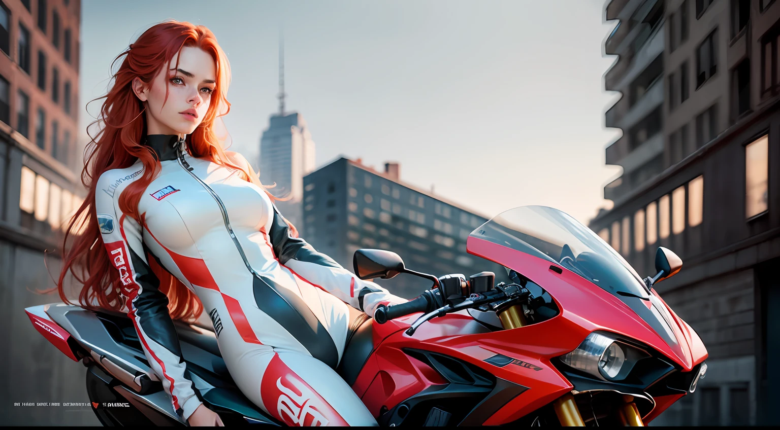 Redhead, red hair, freckles, long straight hair, European youth, perfect body, (perfect body), complete pilotsuit, adjusted pilotsuit, white pilotsuit, on a motorbike, fashion photorealism, photography, sharpness, unique 850 4, rich color, hyperrealistic texture, spectacular light texture, surreal art, Cinestil 800 fashion mechanism