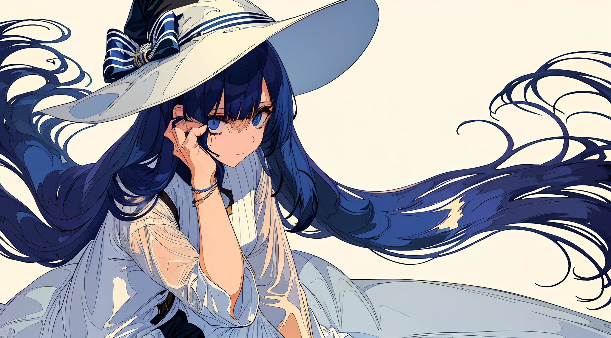 1girl, long navy blue hair, looking up, sitting, crying in despair, white witch hat, long clean white dress, reaching out hand, gloomy background, ligne claire, cogecha, 4k, detail