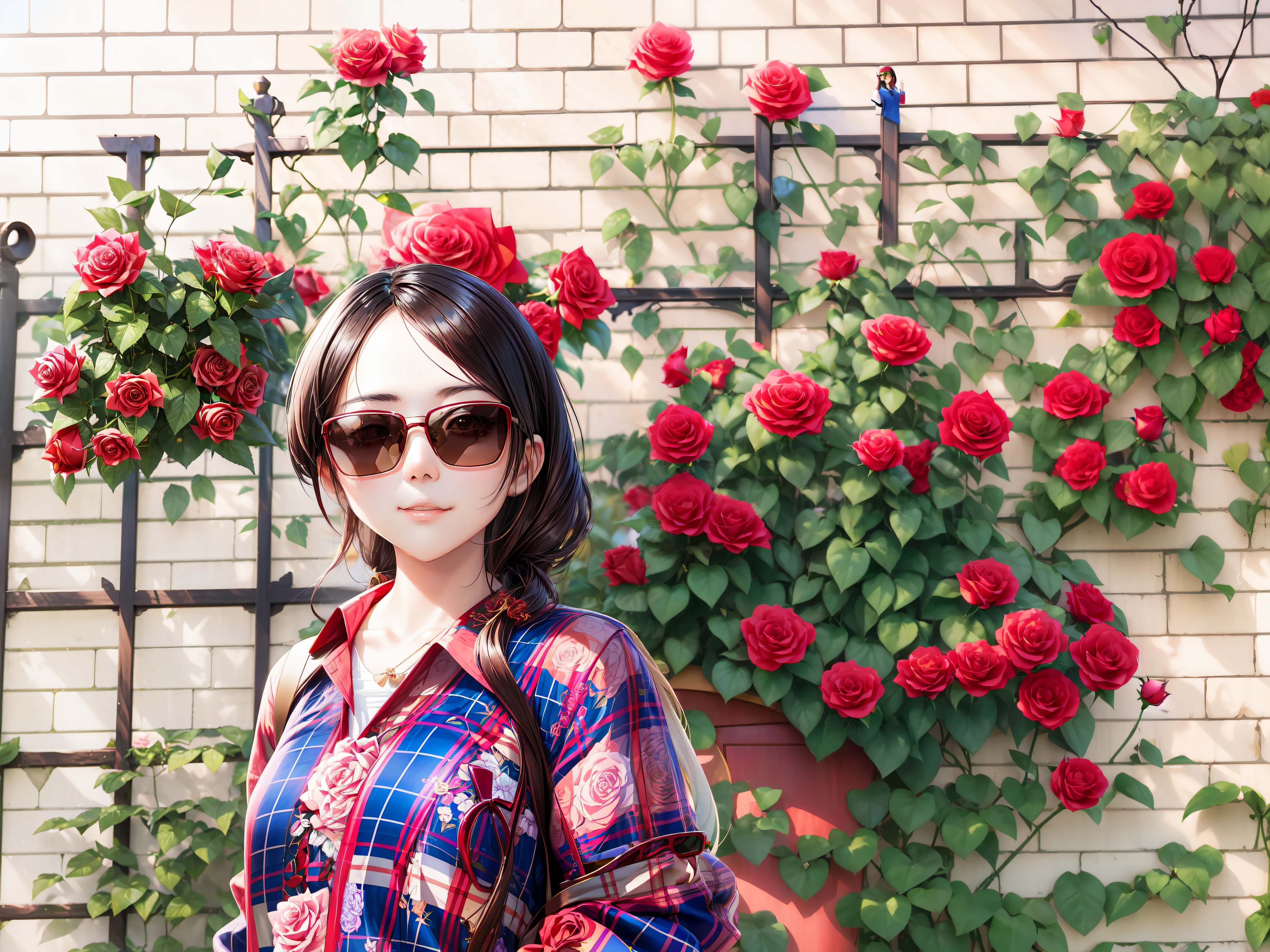 young pretty chinese woman in plaid shirt wearing sunglasses standing in front of a rose bush, woman with rose tinted glasses, she is tall and slim, long wavy black brown hair, photo taken with canon 5d, with flowers, in sunny weather, taken with canon eos 5 d, rose garden, standing in the rose garden, with sunglass, red roses, roses