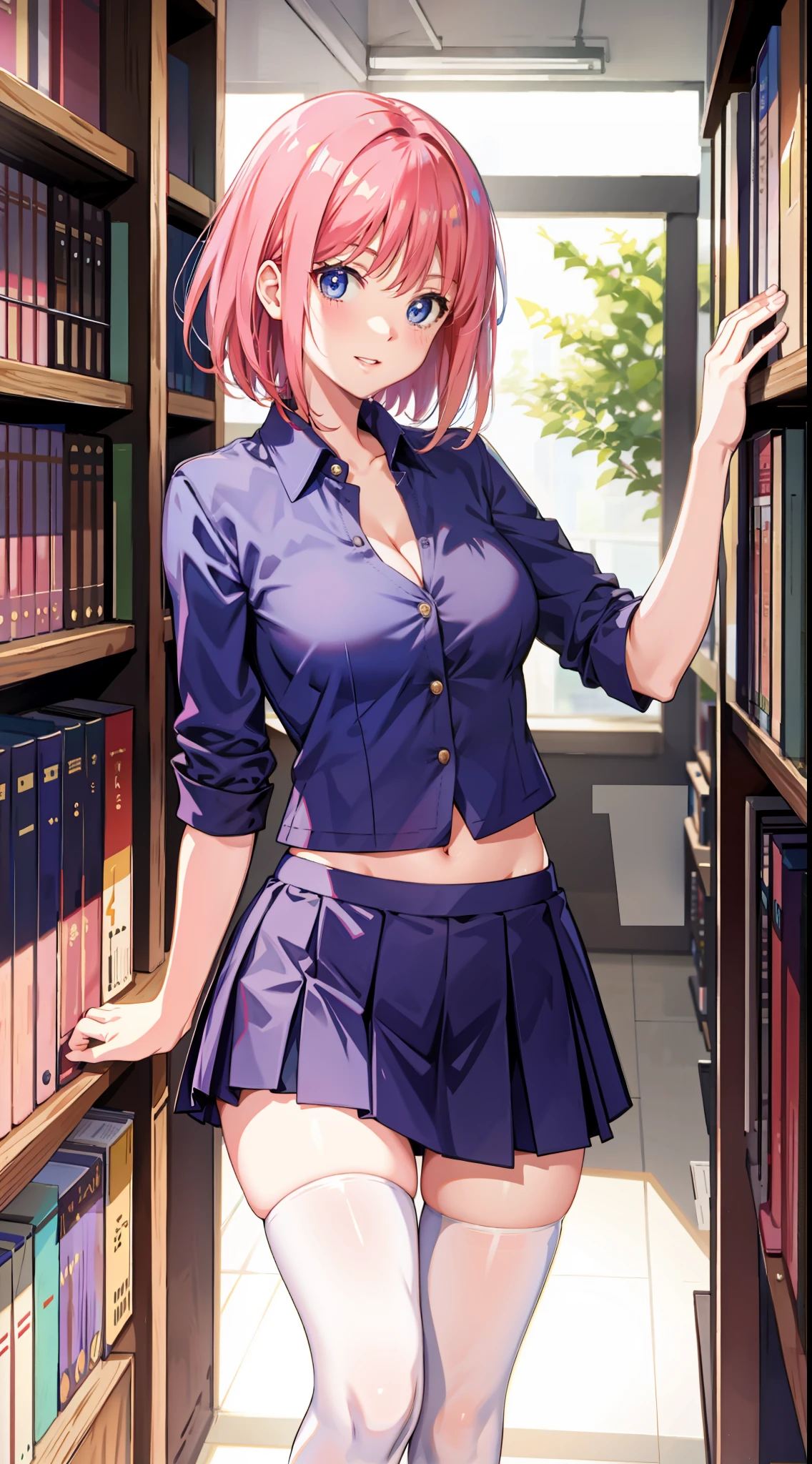 nakano nino, short hair, medium breast, slim legs, happy, cleavage, short skirt, navel, blue eyes, school uniform, thigh high socks, stand, library, pink hair