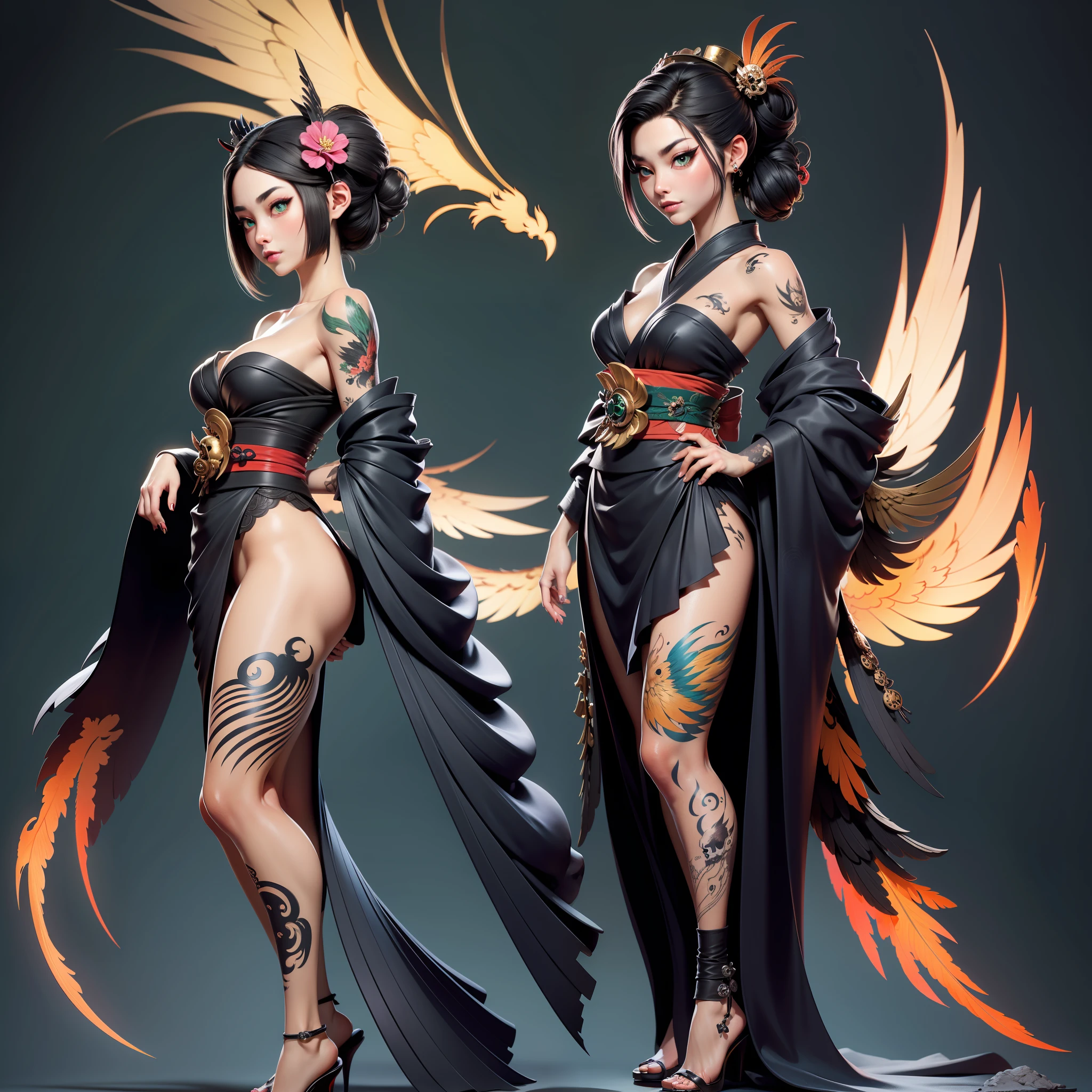 (masterpiece, top quality, best quality, official art, beautiful and aesthetic:1.2), a bird and a beautiful woman, beautiful woman, hone onna skeleton geisha, with geisha tattoo, yakuza tattoo on body, oriental tattoos, highly detailed tattoo, tattoo art, full body tattoo, full - body tattoos, highly detailed full-body art, female beautiful face, beautiful green eyes, skull phoenix bird
