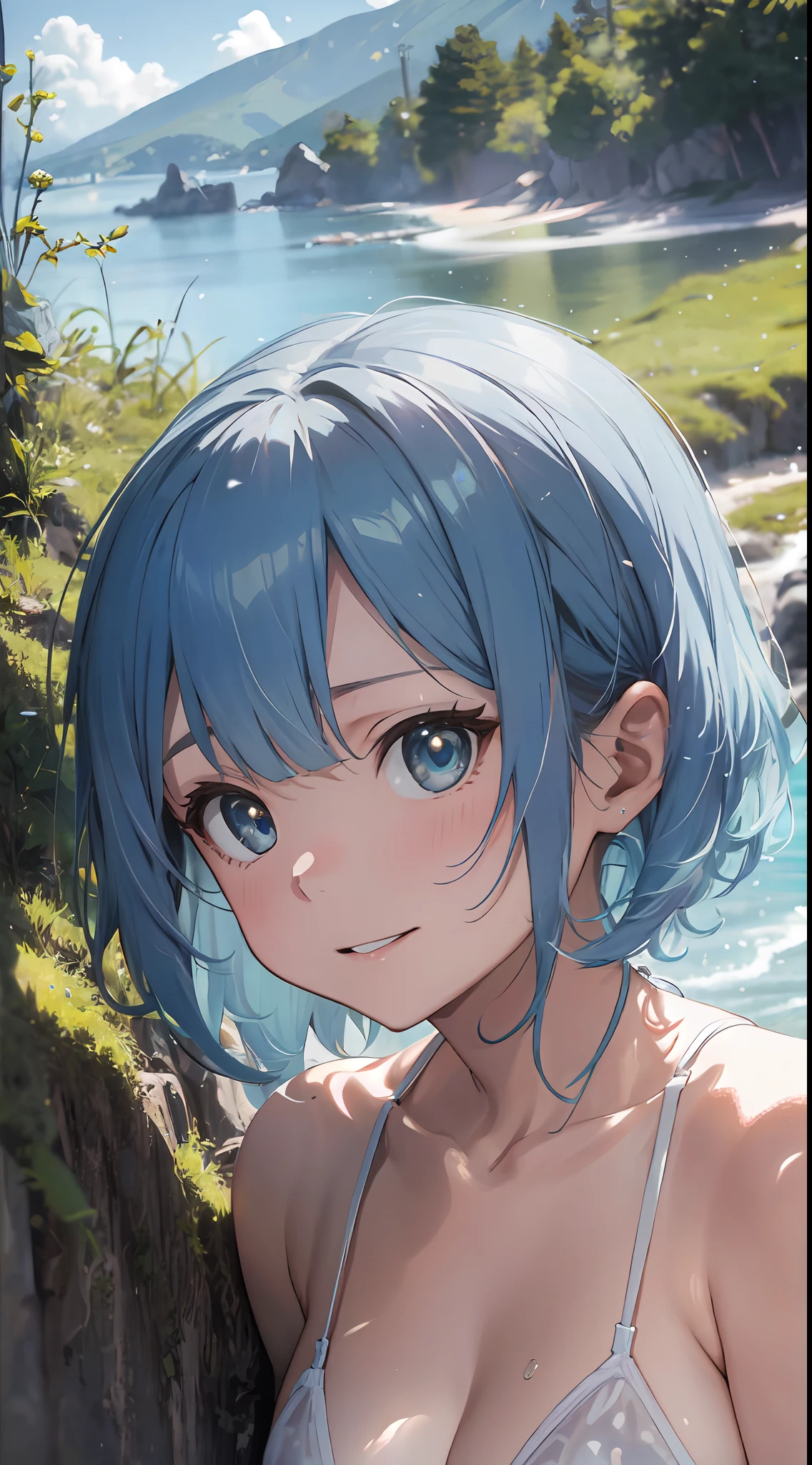 (NSFW:1.2), (8K, Raw photography, Top image quality, tmasterpiece: 1.4), ultra highly detailed, (realisitic, photoreallistic: 1.48), 20 yrs, Cute s, (See-through white micro bikini:1.55), Japanese famous actor、 (blue hairs:1.7)、1 daughter、Solo Focus、Type Moon Wind、Kyoto Animation Style、Shorthair、Blunt bangs、Inter-eye hairs、side locks、Shiny hair、Beautiful and dense cold face、Seductive smiling、anger、Intricate details beautiful and delicate eyes、Bare shoulders 、huge-breast、Clear eyes、White Skin Skin、hair adornments、swim ring、Beautiful raw back、sandal、Skin dent、鎖骨、Raw feet、the beach、Dense sky、White sandy beach、The tree、 very accurate and detailed、absurdist、Very Details、16k wallpapers、Realistic texture、Masterpiece to the smallest detail、From Side, looking at the viewers, deadpan, Beautiful lake, Zeiss 150mm f/ 2.8 Hasselblad, Whole human body, for feet, ultra-wide-angle