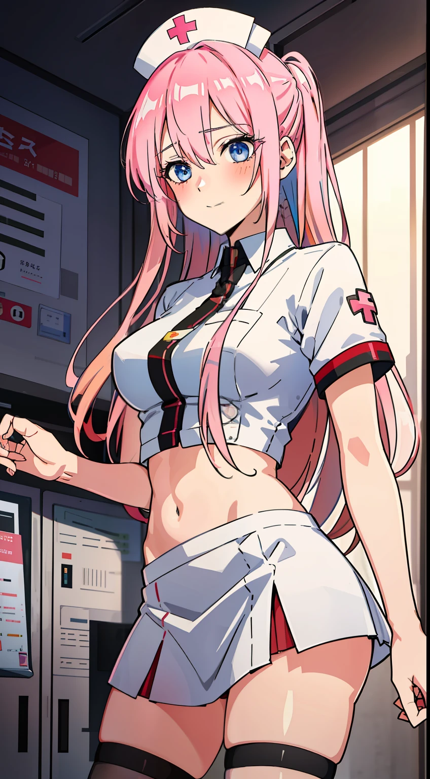 shikimori, slim legs, navel, short skirt, standing, beautiful eyes, blue eyes, blushing, nurse, hospital, pink hair, long hair, thigh high socks