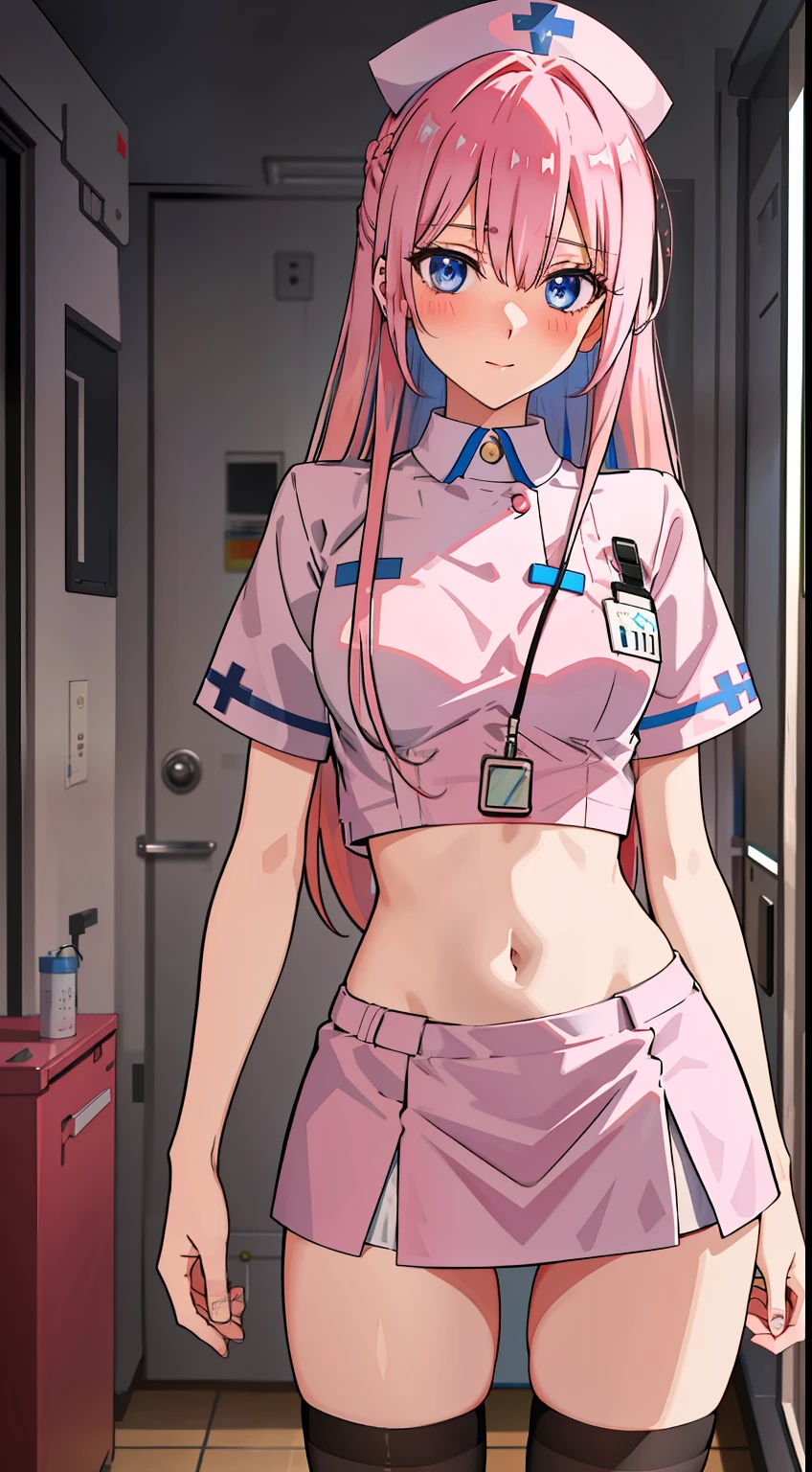 shikimori, slim legs, navel, short skirt, standing, beautiful eyes, blue eyes, blushing, nurse, hospital, pink hair, long hair, thigh high socks