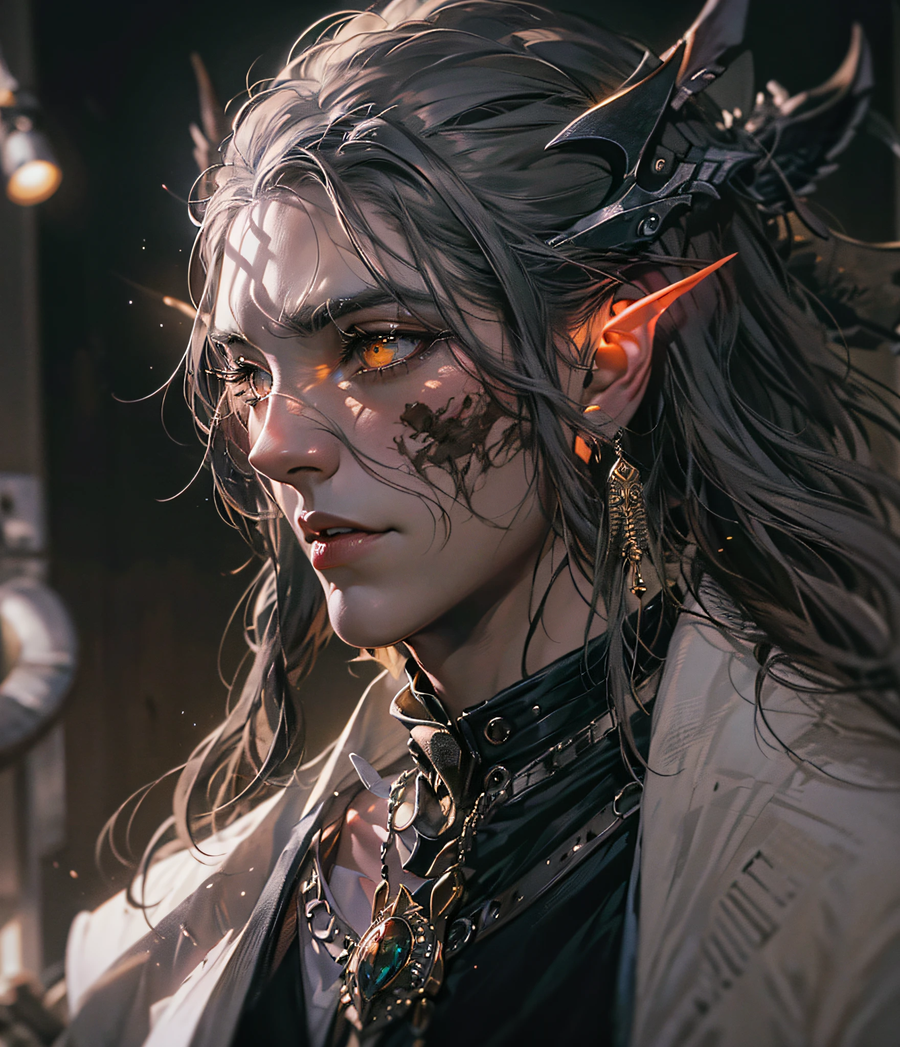 Sauron, anime de una pieza, hombre, aretes, cara, cabello verde, jewely, enfoque masculino, aire libre, cabello corto, symmetrical body, retrato, cinematography lighting, alto contraste, Art Station, arte conceptual del personaje, 8k, fondo simple, cicatriz sobre un ojo