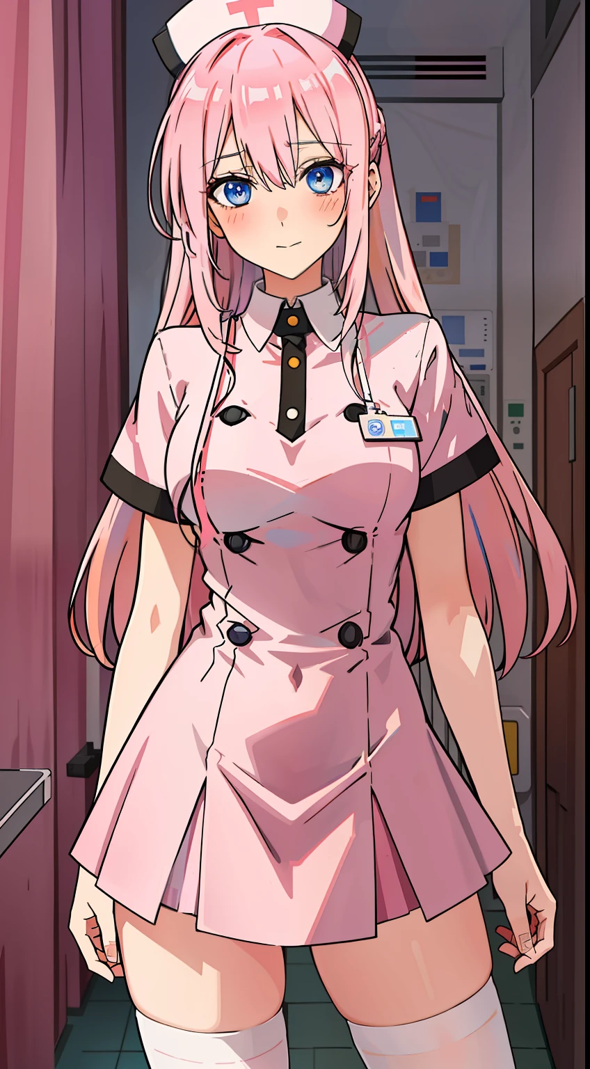 shikimori, slim legs, navel, short skirt, standing, beautiful eyes, blue eyes, blushing, nurse, hospital, pink hair, long hair, thigh high socks