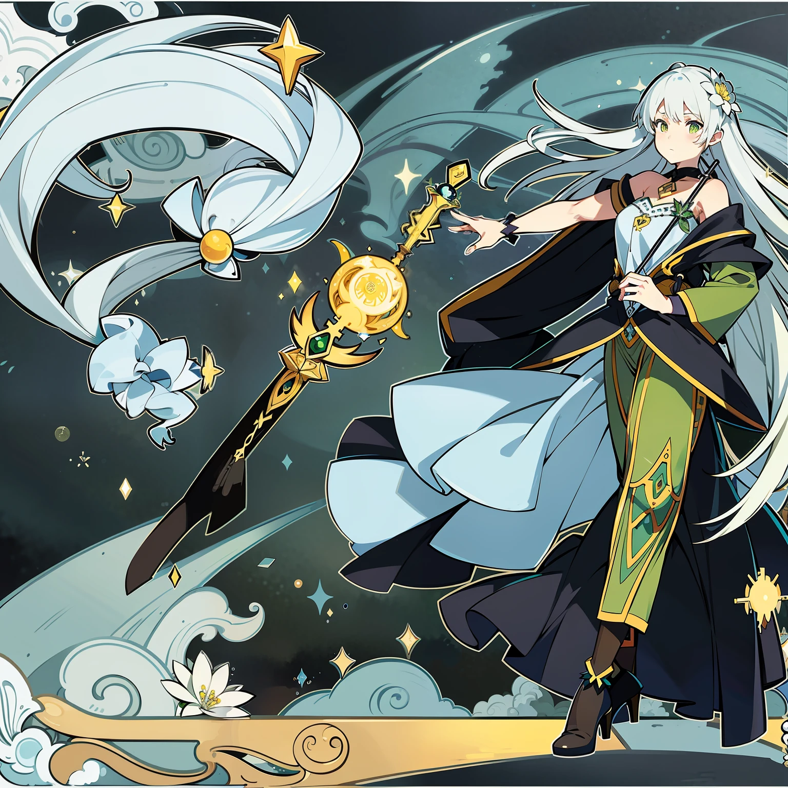 Masterpiece, Best quality, Night, full moon, 1 girl, quadratic element,, Green woman with long hair,calm,Yellow pupil color, mages, Long staff, flower ball background,a beauty girl