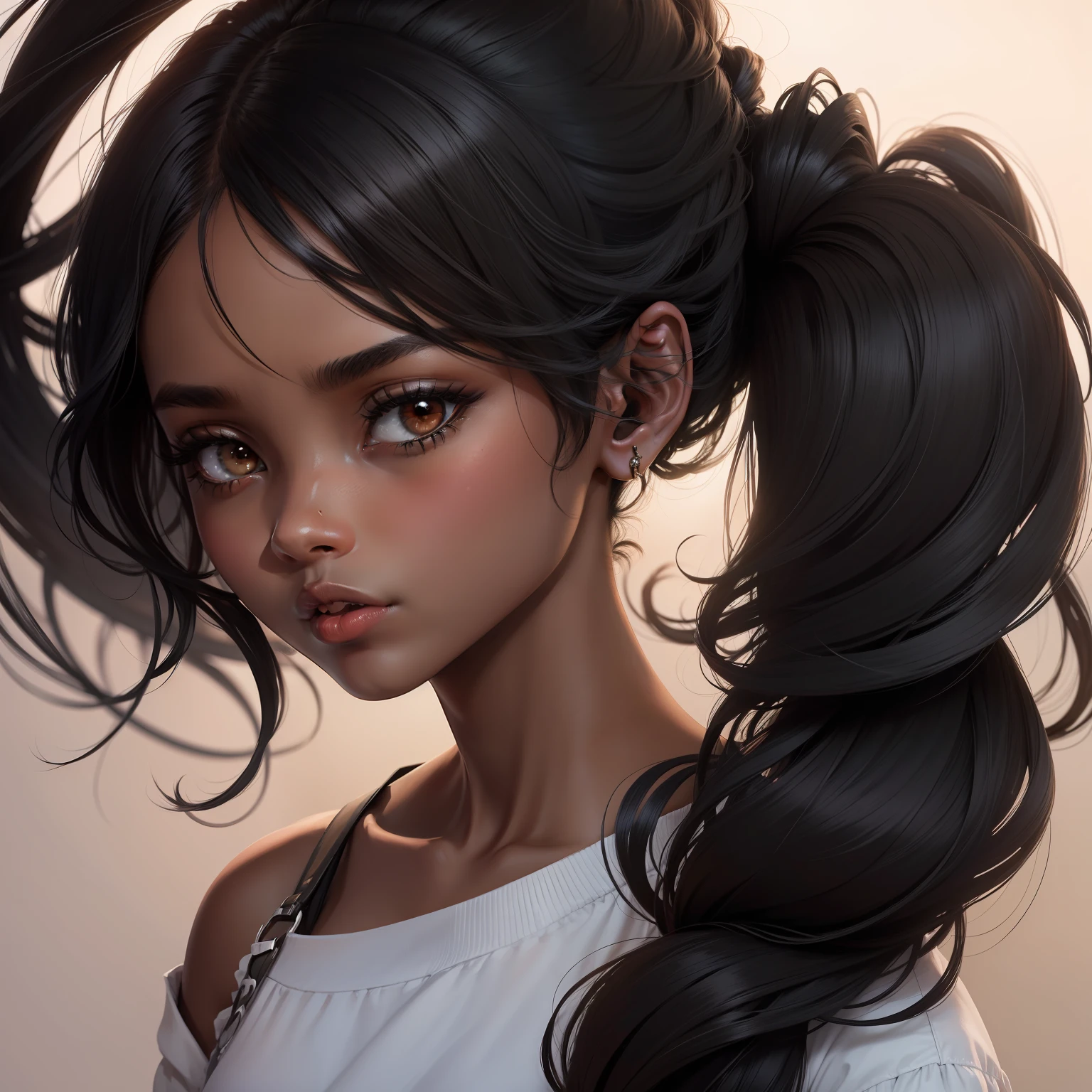 1 girl. Black Skin, hair black, hair ondulado.