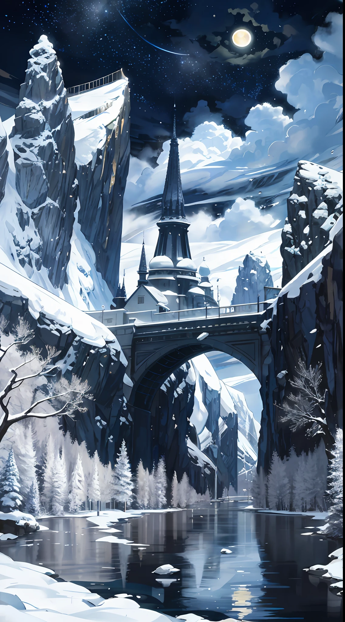 A painting of a river with stars and moon in the sky, concept art inspired by Tosa Mitsuoki, pixiv contest winner, best quality, fantasy art, beautiful anime scene, a bright moon, moonlit starry environment, dream painting, Anime Background Art, Fantasy Landscape Art, Fantasy Night, Anime Background, Background Artwork, Fantastic Art, Atmospheric Anime, Starry Sky, Detail Enhanced.