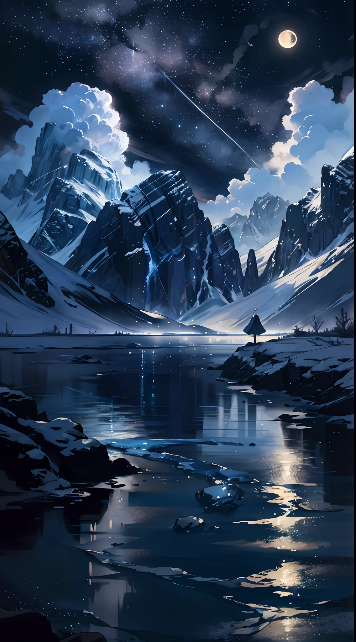 A painting of a river with stars and moon in the sky, concept art inspired by Tosa Mitsuoki, pixiv contest winner, best quality, fantasy art, beautiful anime scene, a bright moon, moonlit starry environment, dream painting, Anime Background Art, Fantasy Landscape Art, Fantasy Night, Anime Background, Background Artwork, Fantastic Art, Atmospheric Anime, Starry Sky, Detail Enhanced.