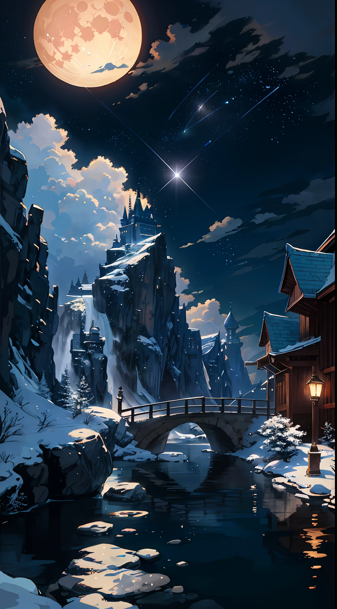 A painting of a river with stars and moon in the sky, concept art inspired by Tosa Mitsuoki, pixiv contest winner, best quality, fantasy art, beautiful anime scene, a bright moon, moonlit starry environment, dream painting, Anime Background Art, Fantasy Landscape Art, Fantasy Night, Anime Background, Background Artwork, Fantastic Art, Atmospheric Anime, Starry Sky, Detail Enhanced.