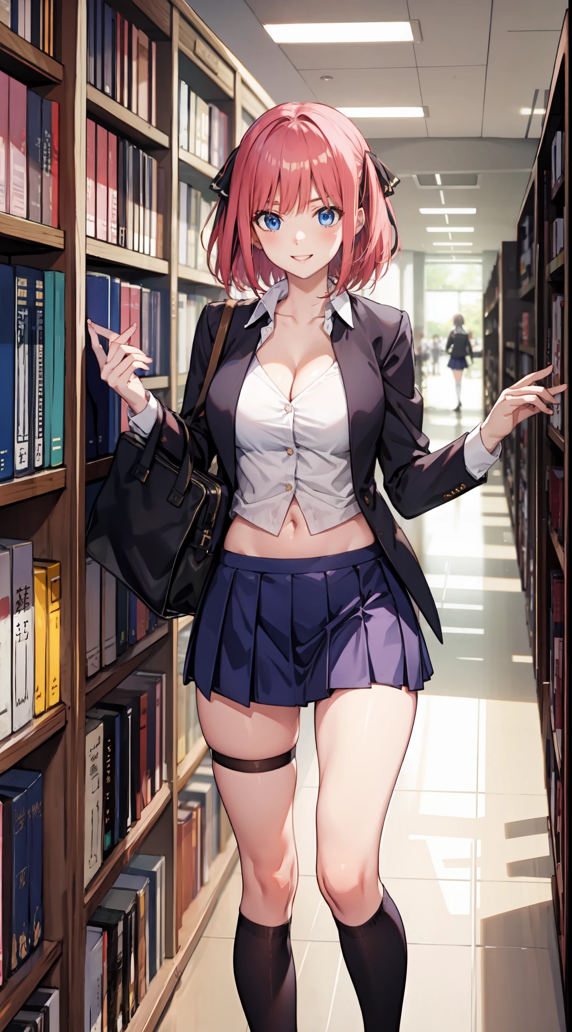 nakano nino, short hair, medium breast, slim legs, happy, cleavage, short skirt, navel, blue eyes, school uniform, thigh high socks, stand, library, pink hair
