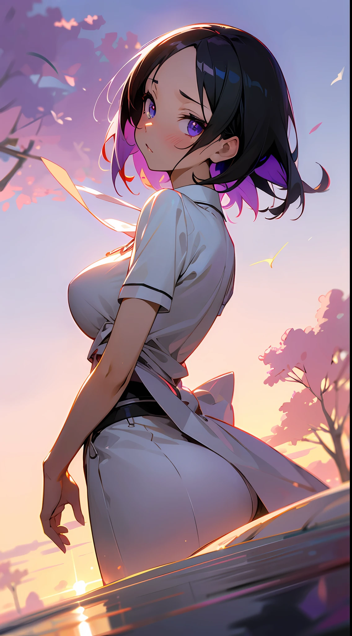 ((masutepiece)), ((Best Quality)), (Ultra-detailed), ((kawaii)), Cute, (lovely), ((Sexy)), (Ero), ((Extremely detailed)), 4K, (8K), Best Quality, (Beautiful), Anime style, Upper body, from below looking up, Colorful, full body focus, Western-style room, Luxury bed, morning, Summer, Pretty women, Solo, Pajama, Beautiful black hair, Beautiful purple eyes, ((Beautiful eyes)), White-skinned, Short hair, Buttocks, large full breasts, Ashamed, blush, Lens Flare, Wind-effect, reflection effect