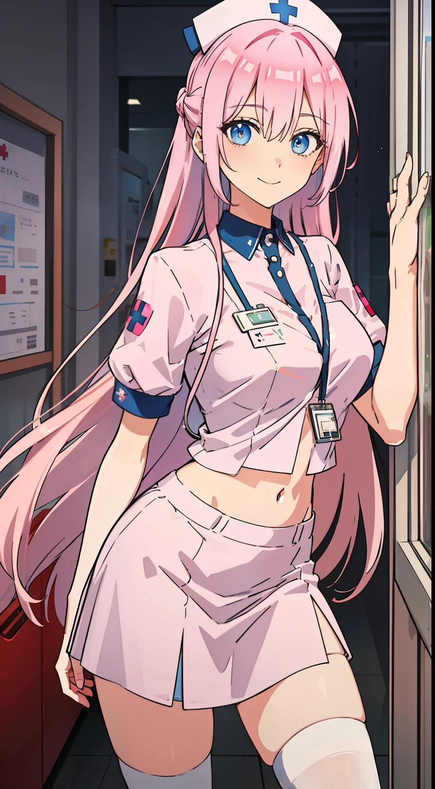 shikimori, slim legs, navel, short skirt, standing, beautiful eyes, blue eyes, happy, nurse, hospital, pink hair, long hair, thigh high socks