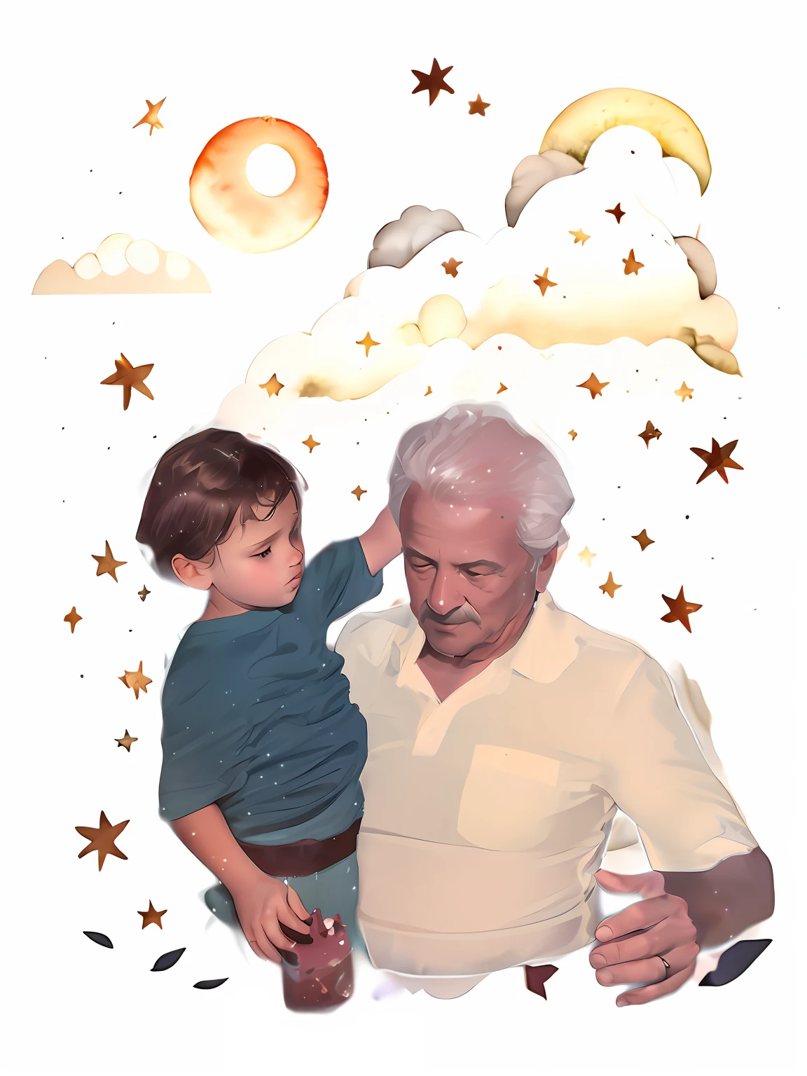 repintar parte selecionada com ((Realismo)), extremely high quality RAW photograph, Child with grandfather, Child dreaming among the clouds, Child and grandmother among clouds, estrelas, ..lua, universo, Finding Grandfather in Heaven, Child and grandfather together in heaven, (((master part))), melhor qualidade, heaven, Cloud, water, estrela, tree, Noite, lua, Building, estrela \(heaven\), night sky, scenecy, starly sky, pintura em aquarela, fundo claro, melhor qualidade detalhes requintados, 3D rendering, octan render, ultra realistic, Original reference, ((Semelhante ao original)), ((The original photo doesn't change)), extremely detailed lighting, Lighting rich in shadow and light details, Cinematic lighting, flutuando nas nuvens