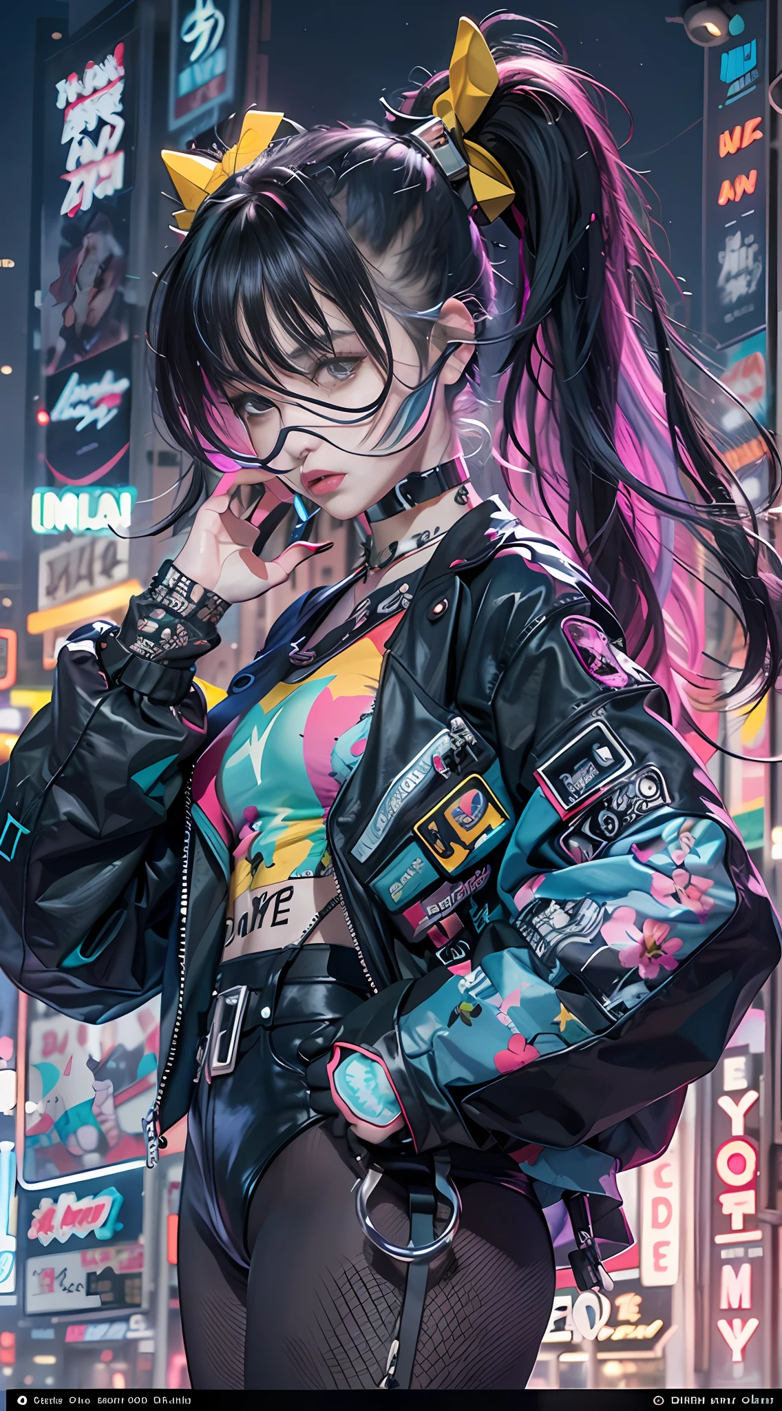 masterpiece, best quality, 2 confident cyberpunk girls, Harajuku-inspired cyberpunk outfit, bold colors and patterns, eye-catching accessories, trendy and innovative hairstyle, vibrant makeup, Cyberpunk dazzling cityscape, skyscrapers, neon signs, LED lights, bright and vivid color scheme, anime, illustration, detailed skin texture, detailed cloth texture, beautiful detailed face, intricate details, ultra detailed.