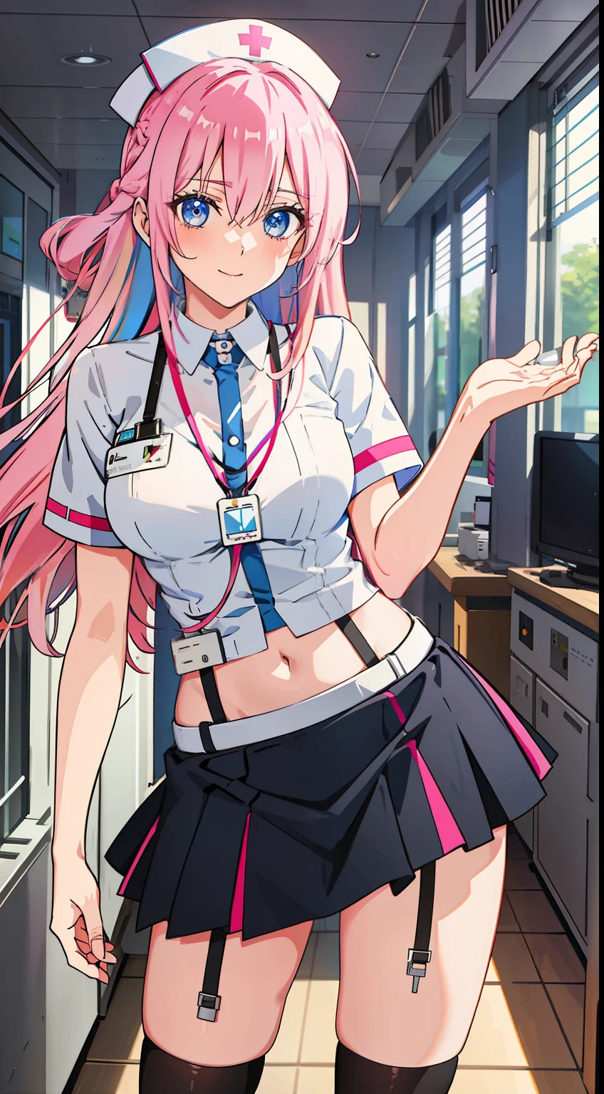 shikimori, slim legs, navel, short skirt, standing, beautiful eyes, blue eyes, happy, nurse, hospital, pink hair, long hair, thigh high socks