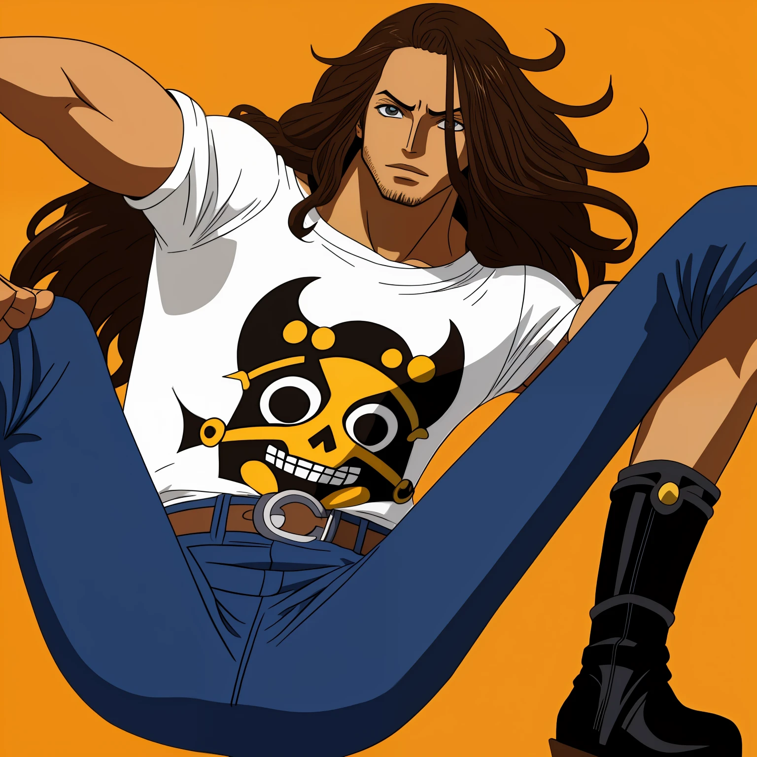 \(One_Piece\), Estilo de arte de anime, ((sozinho)), 1menino, 1homem jovem, ((olhos detalhados)), (olhos castanhos claros), (cabelo longo grande), (large blue t-shirt), (long brown jeans), logpose, (botas), (cabelo negro), (sorrir), atletic_Corpo, (pele morena bronzeada), (cicatrizes pelo corpo), (cabelo volumoso longo), cabelo arrepiado, Luvas, cinto, olhos relaxados, (boa qualidade), (bem desenhado), ((bem detalhado)), ((fundo branco)), ((fundo simples)), pirata,