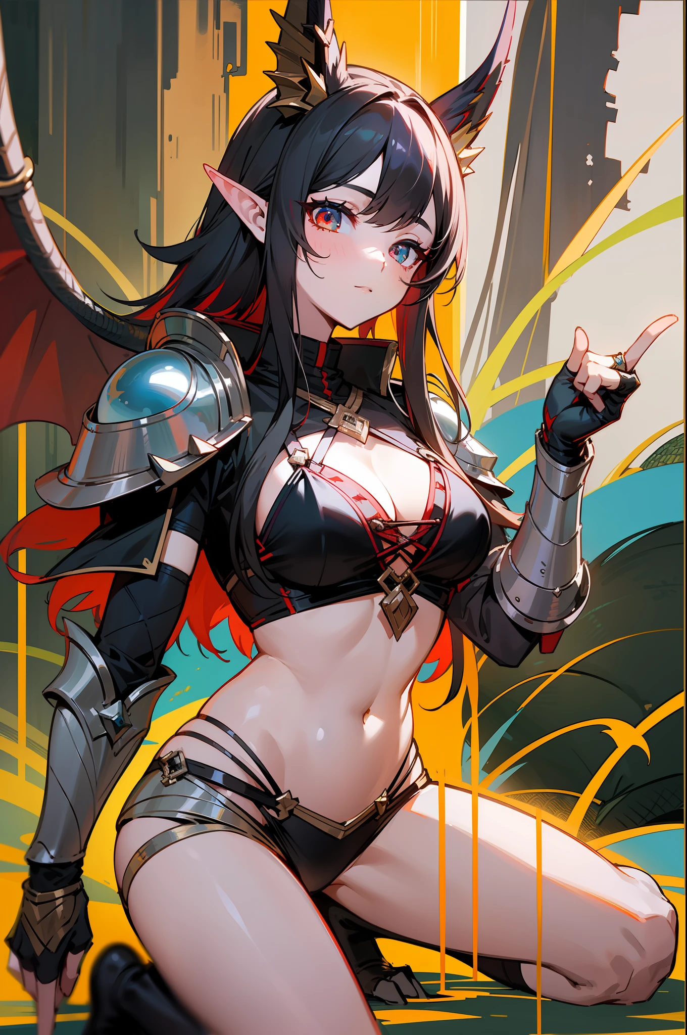 master piece,hyper quality, Hyper Detailed,Perfect drawing,1 beautiful girl、Bikini and armor combined costume、Elven ears、Dragon's tail、dragon horn、Dragon's Finger、Hunter's eyes aiming for prey、Red-black mesh hair、Hanging eyes、Kneeling、pow pause