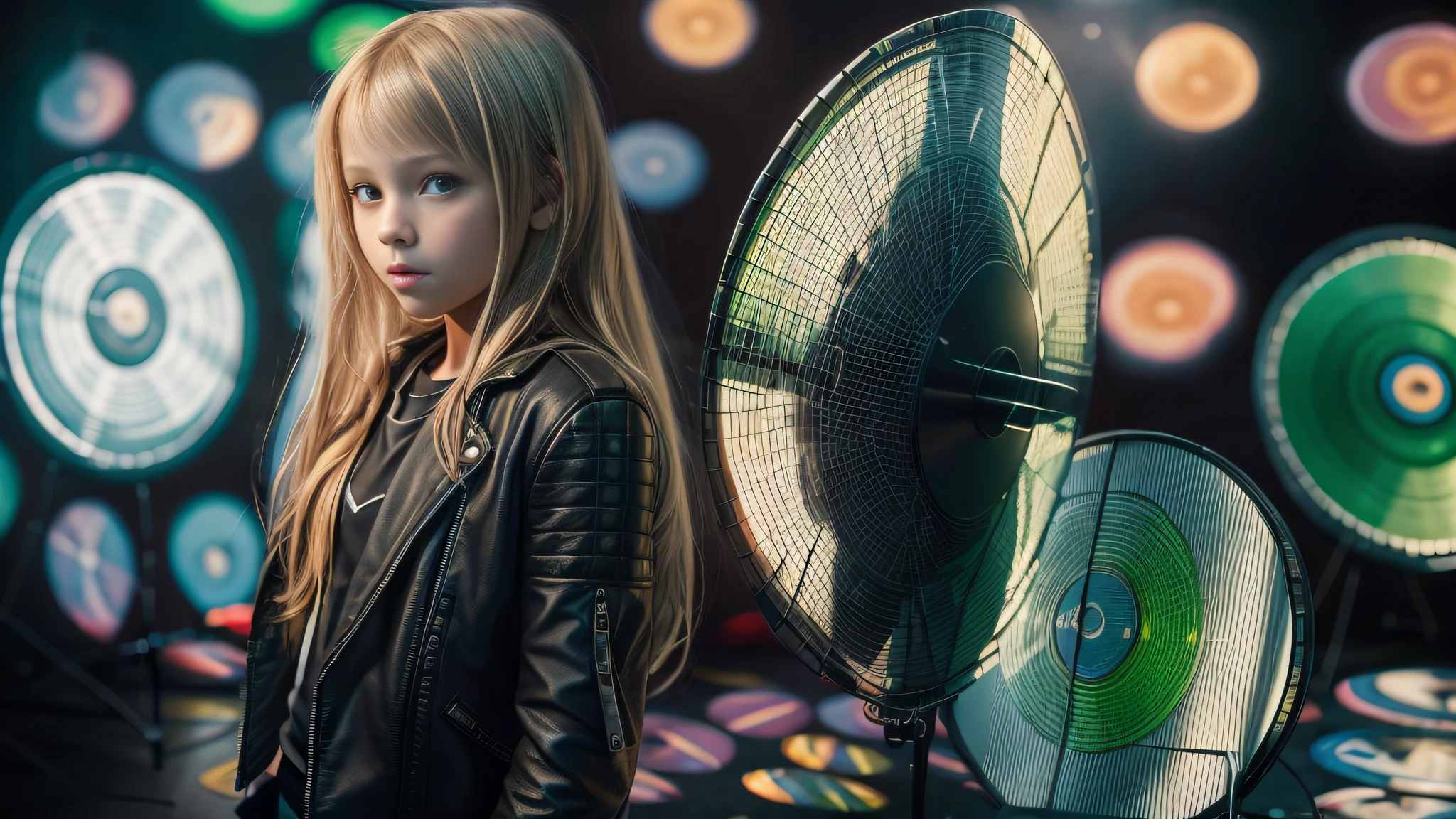 12 year old girl, long blonde straight hair, with black leather jacket and black clothing, in the photographic studio, with white infinite background, GREEN BACKLIGHT with many cds and vinyls on the floor, SOFT GREEN LIGHT.