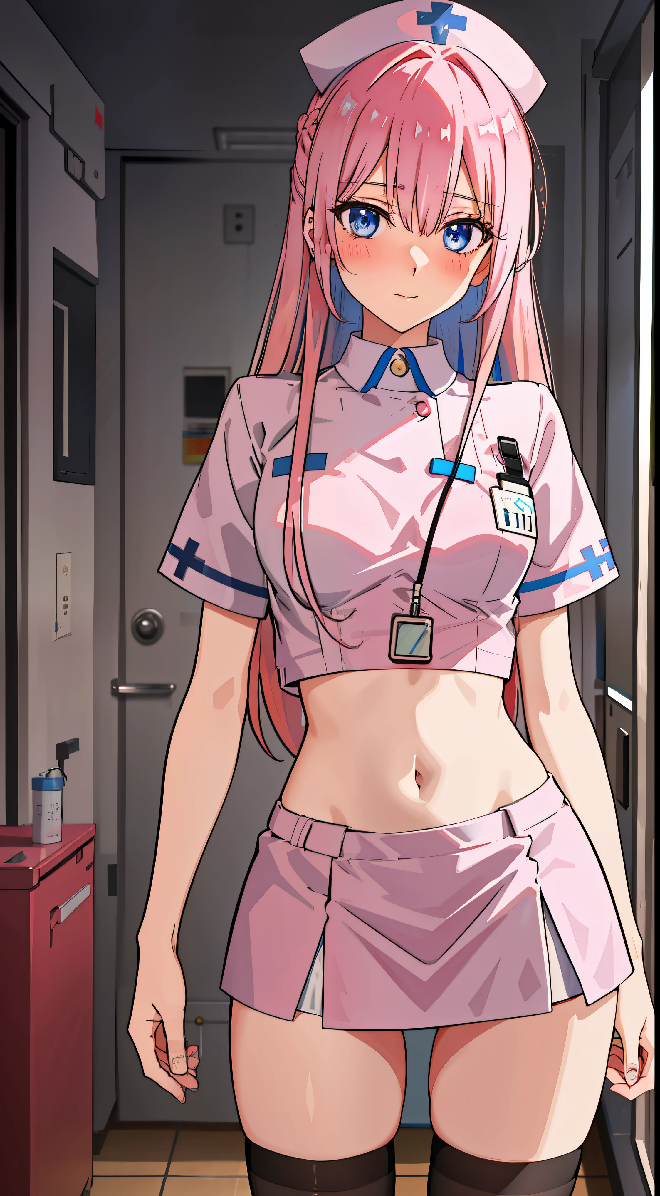 shikimori, slim legs, navel, short skirt, standing, beautiful eyes, blue eyes, blushing, nurse, hospital, pink hair, long hair, thigh high socks