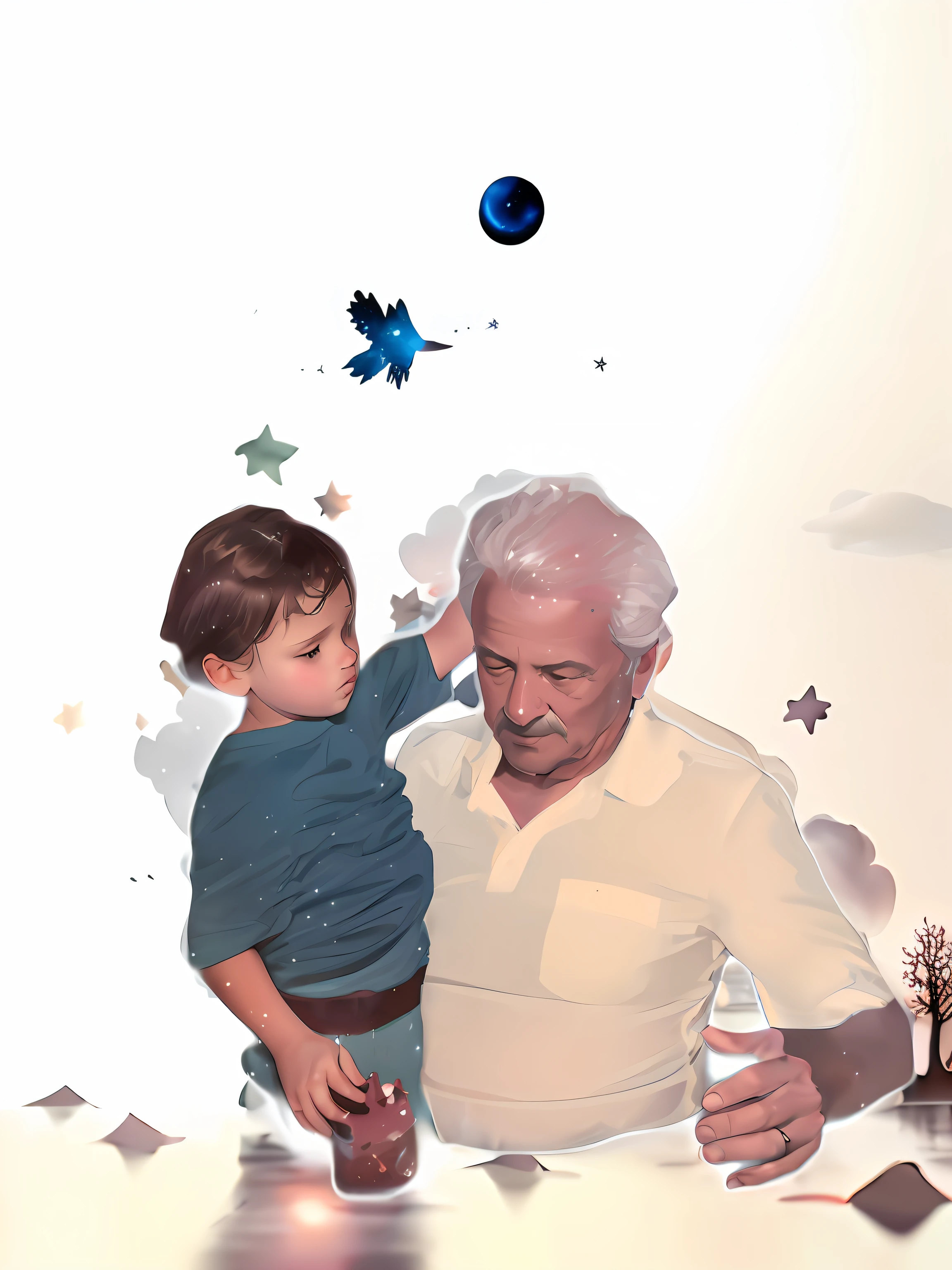repintar parte selecionada com ((Realismo)), extremely high quality RAW photograph, Child with grandfather, Child dreaming among the clouds, Child and grandmother among clouds, estrelas, ..lua, universo, Finding Grandfather in Heaven, Child and grandfather together in heaven, (((master part))), melhor qualidade, heaven, Cloud, water, estrela, tree, Noite, lua, Building, estrela \(heaven\), night sky, scenecy, starly sky, pintura em aquarela, fundo claro, melhor qualidade detalhes requintados, 3D rendering, octan render, ultra realistic, Original reference, ((Semelhante ao original)), ((The original photo doesn't change)), extremely detailed lighting, Lighting rich in shadow and light details, Cinematic lighting, flutuando nas nuvens