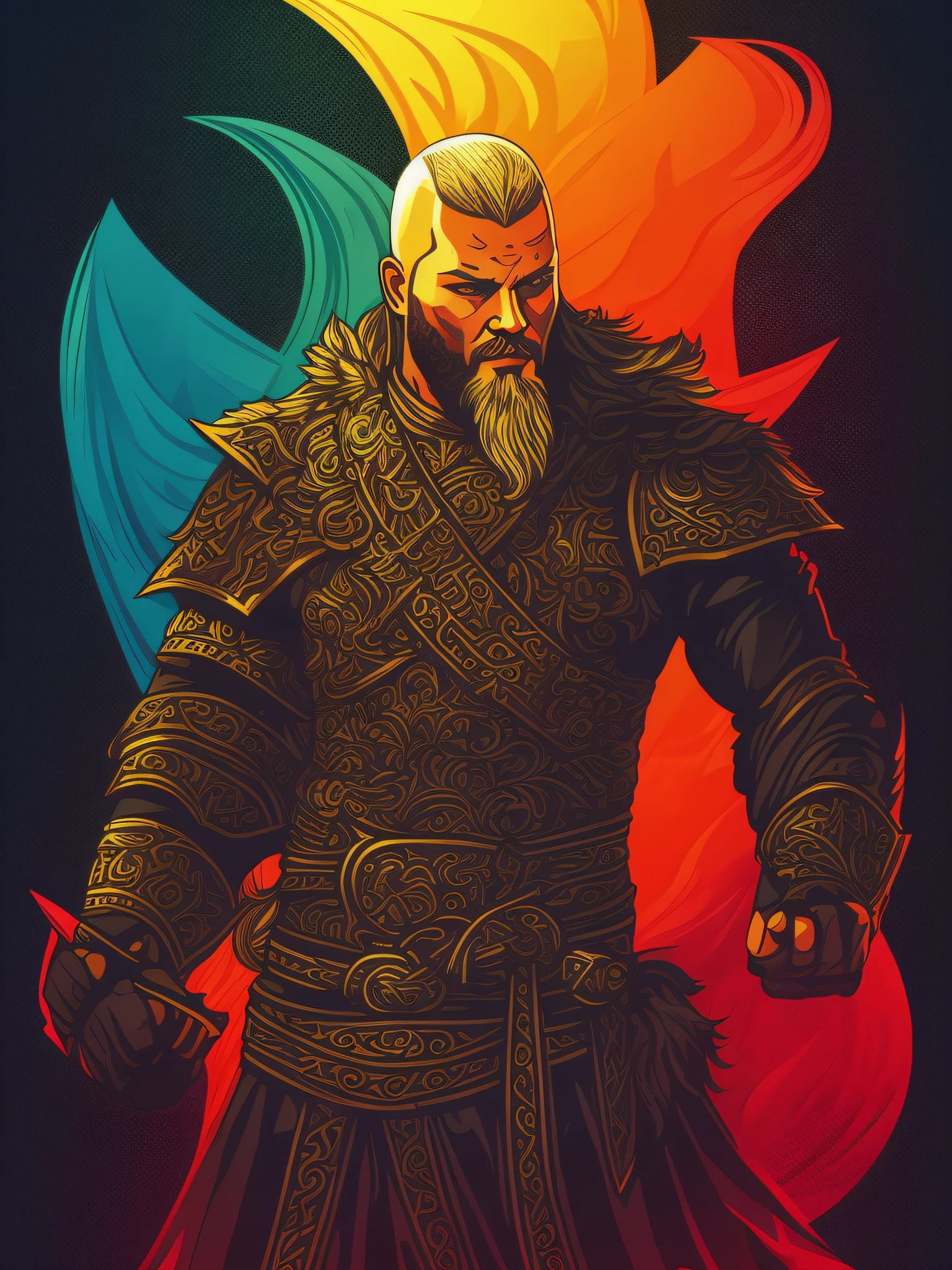 Ragnar Lothbrok, 2D t-shirt art, epic illustration, vector, 2d illustration, black background, very colorful, full gradient modern colors, Focused, front view