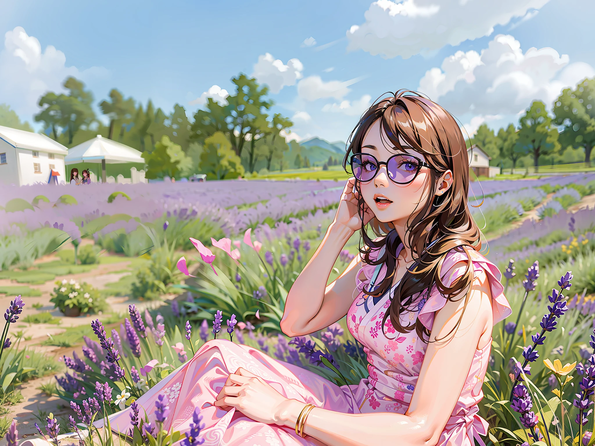pretty chinese woman sitting in a field of lavender wearing sunglasses, she is sexy and tall and slim and has long brown hair, wearing a pink sleeveless dress, girl sitting in a lavender field, girl in a lavender field, portrait of girl in lavender field, girl frontal in a flower field, girl in a lavender field, lavender fields in full bloom