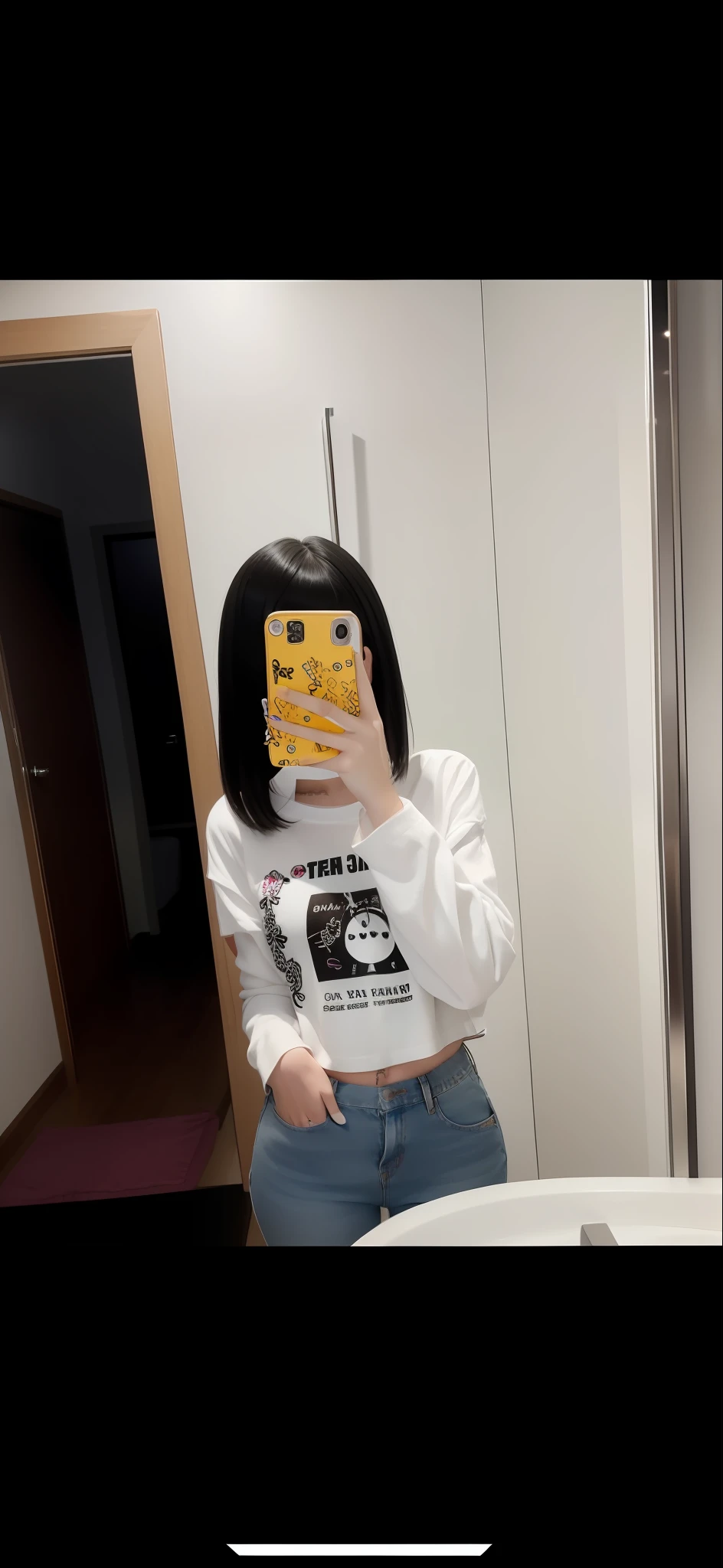 there is a woman taking a picture of herself in the mirror, her hair is white, with ripped crop t - shirt, kawaii shirt and jeans, with short hair, she is wearing streetwear, ulzzang, very very low quality picture, 19-year-old girl, casual clothes, white hime cut hairstyle, she is facing the camera, the hime cut