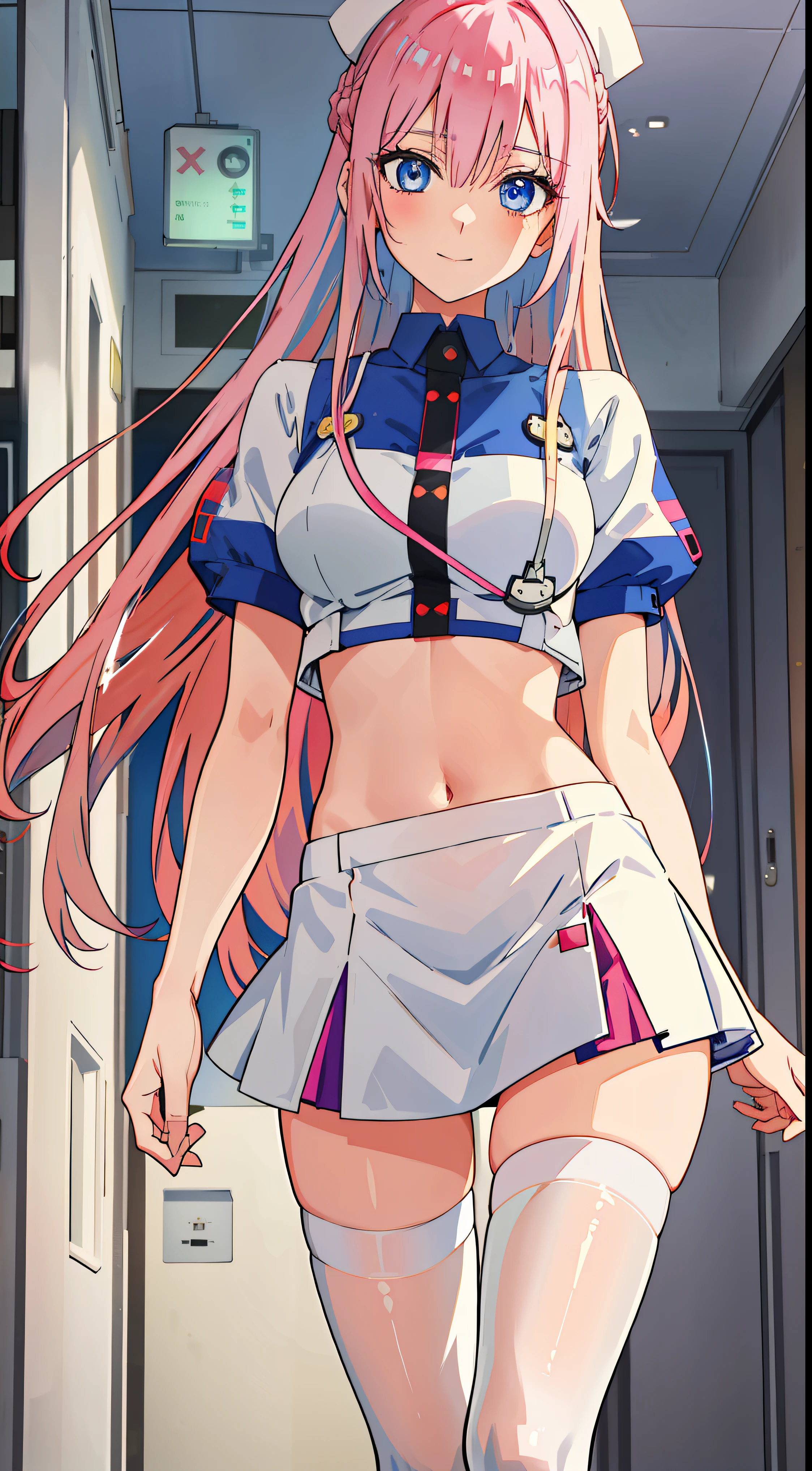 shikimori, slim legs, navel, short skirt, standing, beautiful eyes, blue eyes, happy, nurse, hospital, pink hair, long hair, thigh high socks