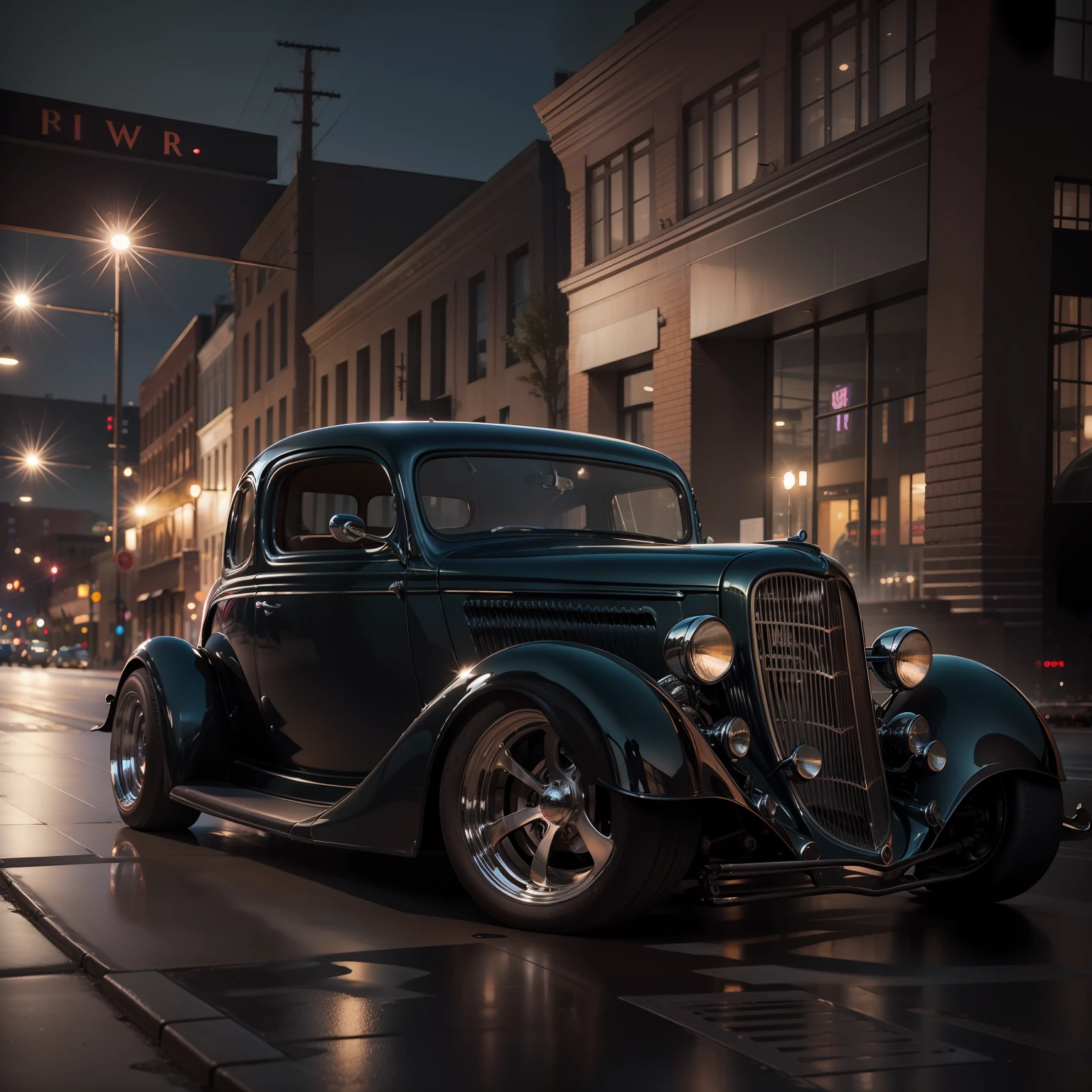 a 1934 Ford hotrod lowered with custom wheels. Editorial photoshoot downtown at night. cinematic lighting