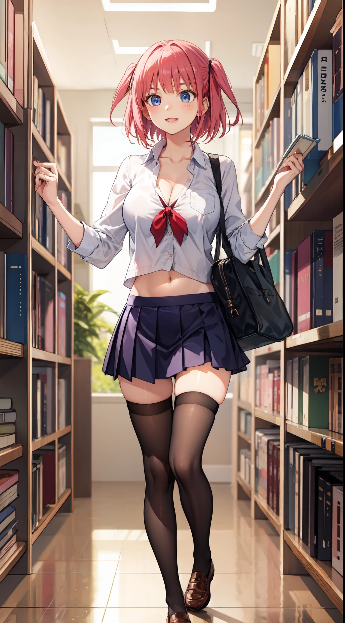 nakano nino, short hair, medium breast, slim legs, happy, cleavage, short skirt, navel, blue eyes, school uniform, thigh high socks, stand, library, pink hair
