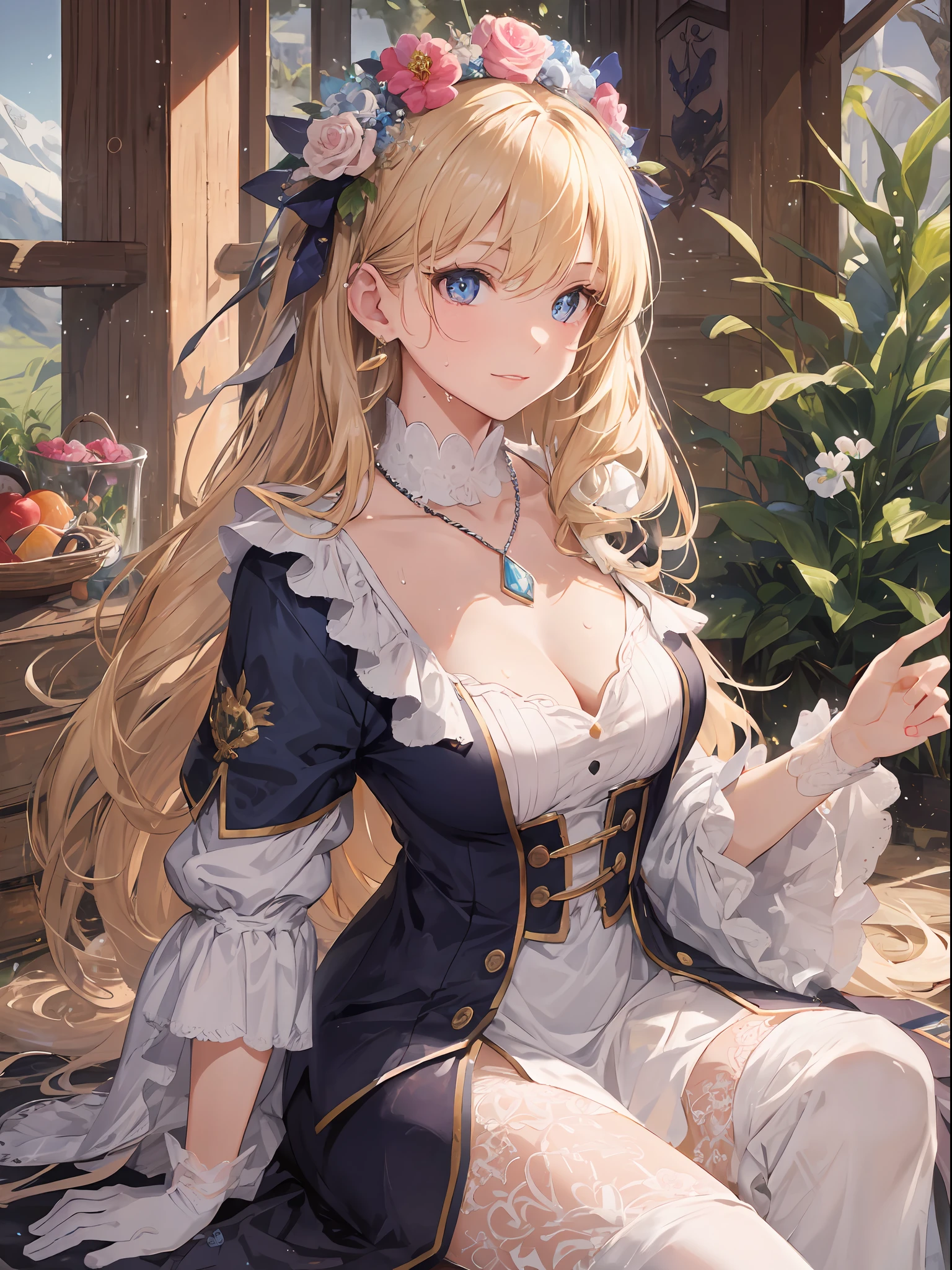Delicate and masterpiece, beautiful details, colorful, fine details, detailed lips, intricate details, masterpiece, top quality, realistic, hyper detail, (glossy skin, sweaty: 1.4), absurdity, camera gaze, dynamic lighting, high resolution, sharp focus, depth of field, detailed eyes, sharp eyes, realistic eyes, the main character is a Japan girl, a beautiful girl with long blonde hair and clear eyes, By being reincarnated in another world, he was able to do magic and adventure. She was thrilled that she had become so cute that she looked at her face in the mirror and smiled. Her smile is expressed in intricate details and realistic descriptions, with words such as quality, image quality, detail, masterpieces, official art, masterpieces, masterpieces and details that are real. Her face is a human body based on human anatomy, and the fingers of her hands have not lost their shape. Her eyes are attractive, with a vivid blue color.
She was also interested in otherworldly outfits, trying on colorful dresses and accessories. She chose what looked good on her and showed off her fashion sense. She wore a white lace dress with a pink ribbon and a floral ornament on her head. She wore a pearl necklace around her neck and pierced her ears. She wore white gloves on her hands and white socks and pink shoes on her feet. She wore a small heart-shaped brooch on her chest. She had feathers on her back and looked like an angel.
She was also fascinated by otherworldly magic, so she picked up a spellbook and a wand to try out magic. She used the magic of attributes such as fire, water, and wind to create fireworks, bubbles, and balloons in the air. She cast a spell she learned from the spellbook and released a glowing ball from her wand. She waved her wand and painted colorful patterns and letters in the air. She pointed to her wand and moved small animals and dolls. She threw her wand and caught it in the air.
She was also obsessed with otherworldly adventures, expl