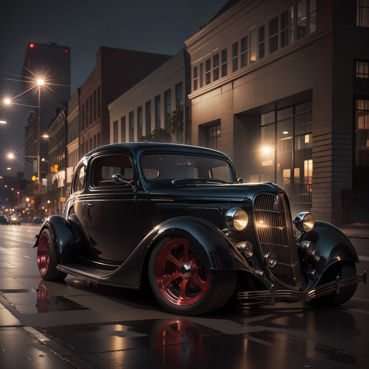 a 1934 Ford hotrod lowered with custom wheels. Editorial photoshoot downtown at night. cinematic lighting