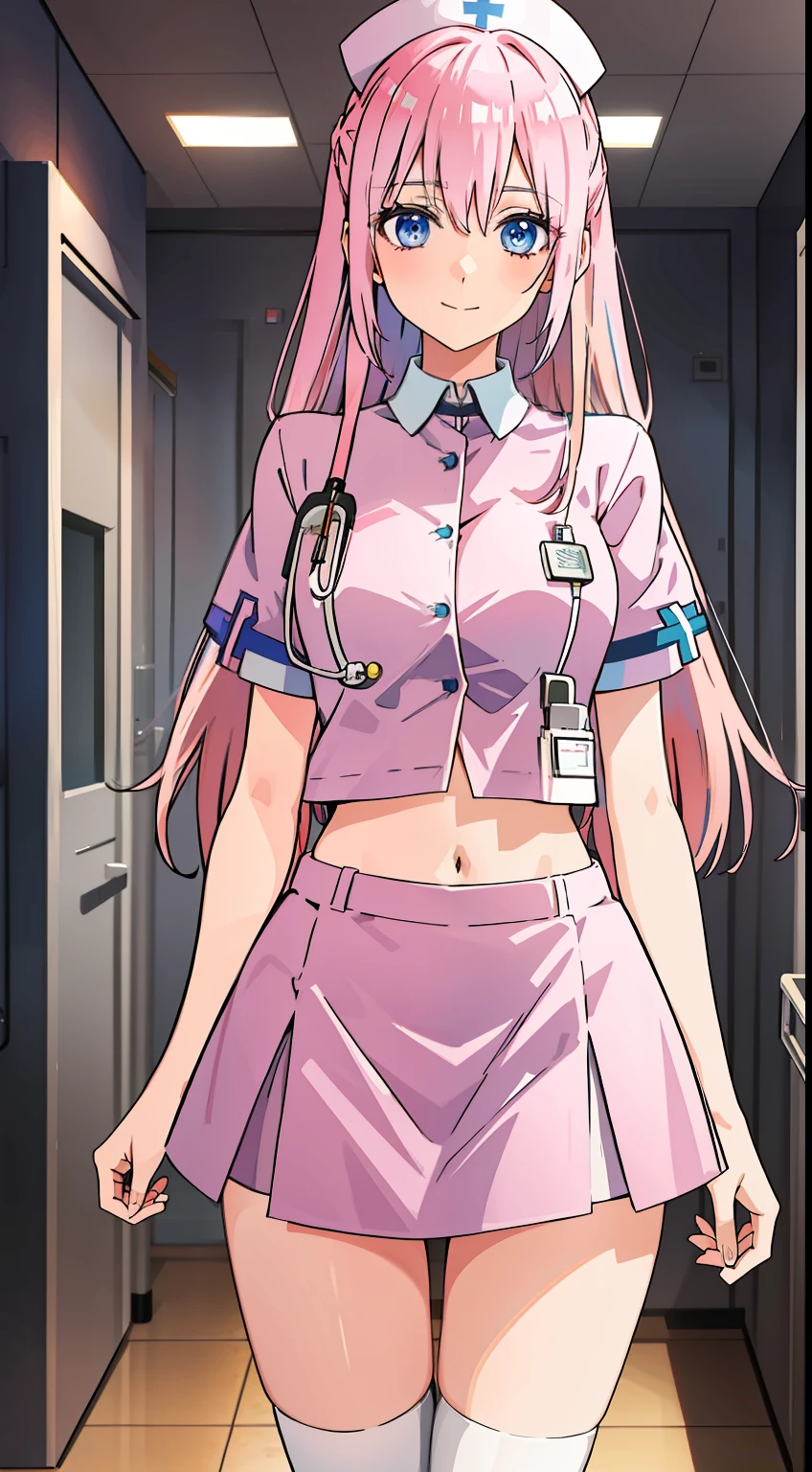 shikimori, slim legs, navel, short skirt, standing, beautiful eyes, blue eyes, happy, nurse, hospital, pink hair, long hair, thigh high socks