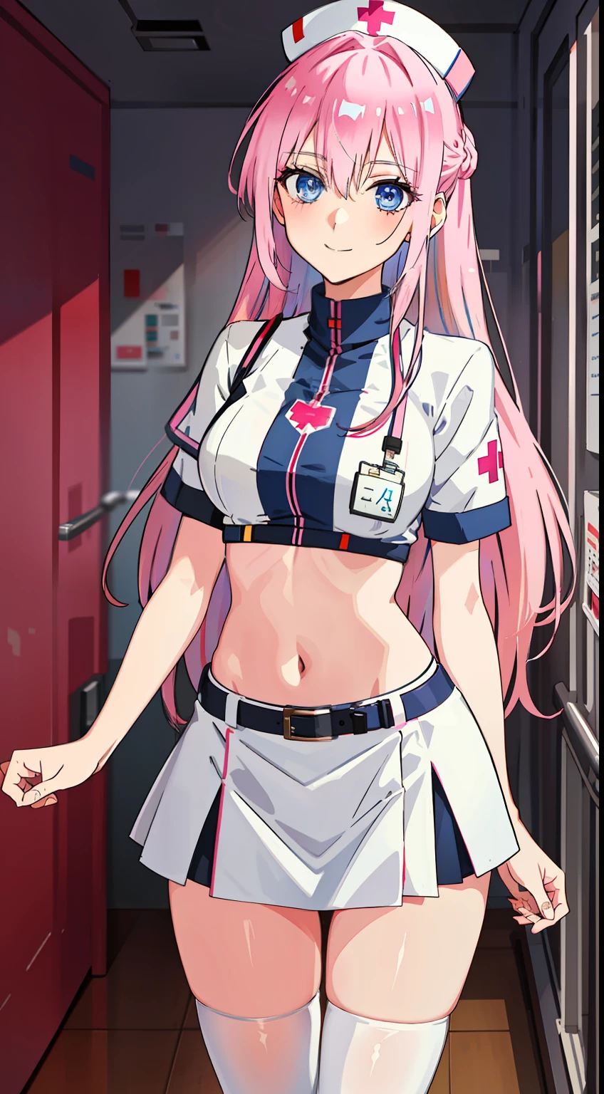 shikimori, slim legs, navel, short skirt, standing, beautiful eyes, blue eyes, happy, nurse, hospital, pink hair, long hair, thigh high socks