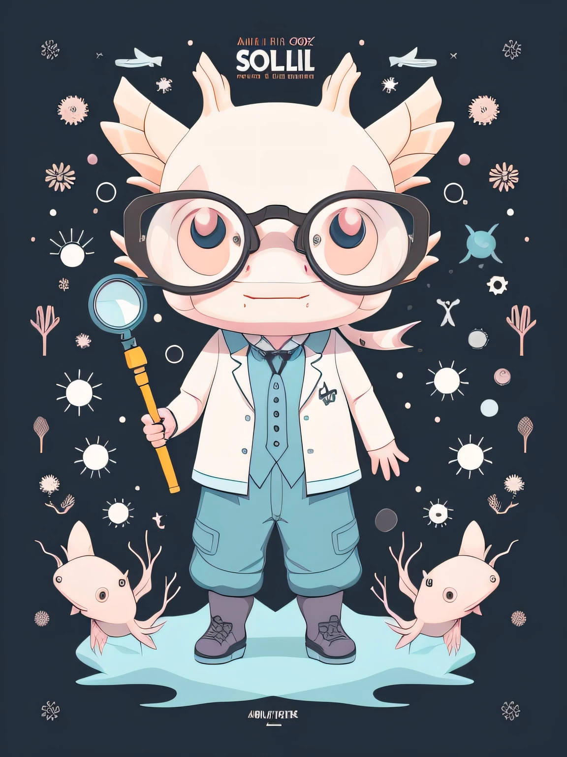 a whimsical vector art of a cute and anatomically-correct axolotl wearing glasses and holding a magnifying glass, as if it were a curious scientist. Depict the axolotl with a curious and inquisitive expression, exploring the world around it with a scientific mindset. Use a mix of vibrant and natural colors to create a playful and engaging illustration. This style should celebrate the axolotl's unique features while presenting it in a fun and imaginative manner, isolated, black background, in the style of 0mib