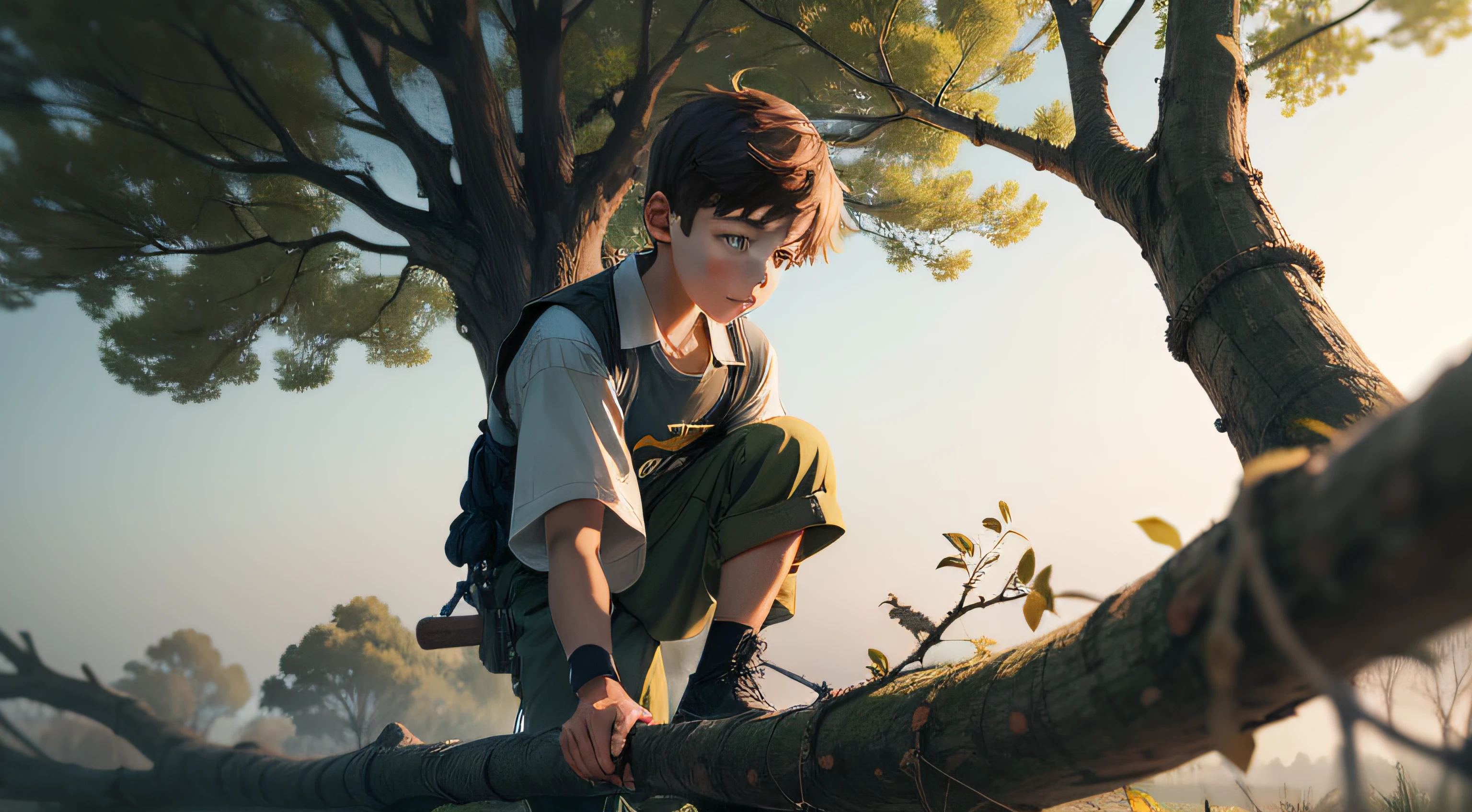 Boy cutting branches of a tree