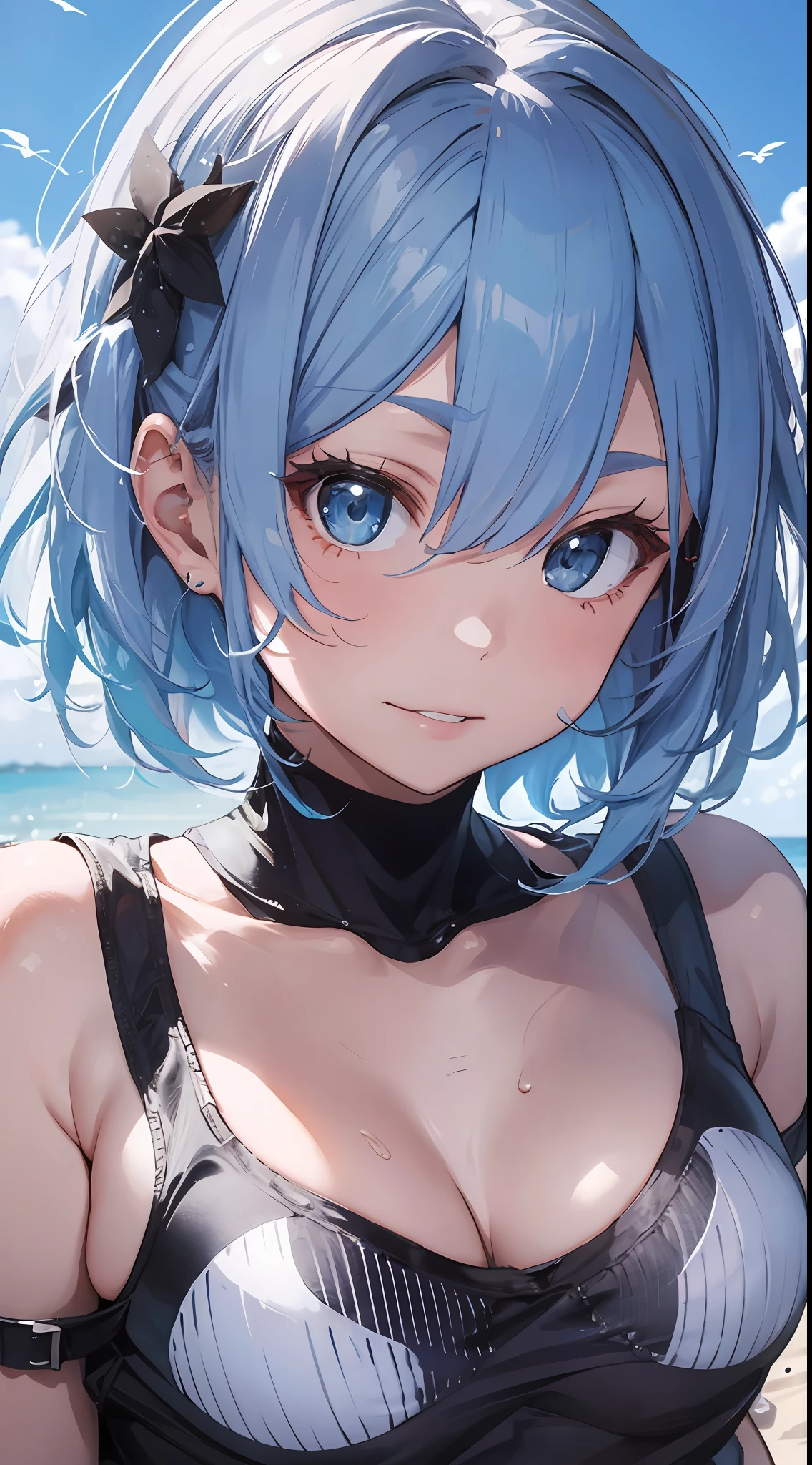 (NSFW:1.2), (8K, Raw photography, Top image quality, tmasterpiece: 1.4), ultra highly detailed, (realisitic, photoreallistic: 1.48), 1girl in, Solo Focus, type moon style, Kyoto Animation Style, short-length hair, (blue hairs:1.7), Blunt bangs, Hair Between Eyes, Clear eyes, side locks, White hair, Shiny hair, beautiful detailed cold face, Seductive smile, angry, complex details beautiful and delicate eyes, bare_shoulders, huge-breast, Gray eyes, White skin, Hair Ornament, (((T-shirt))), swim ring, swimsuit, beautiful bare back, Sandals, Skindentation, 鎖骨, bare_Legs, beach, Beautiful detailed sky, White sand, tree, very precise details, absurdist, Extremely detailed, 16k wallpaper,remrezero