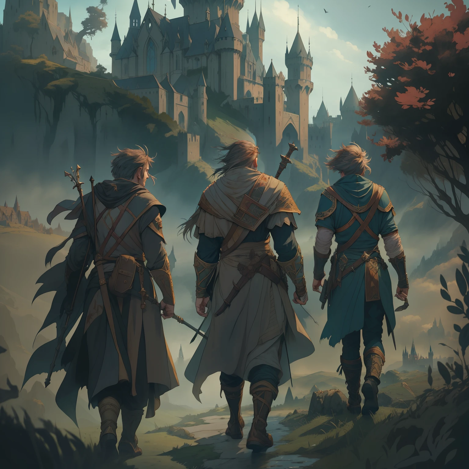 rpg party, with your back, walking on a plain, medieval fantasy, castle in the background, beautiful landscape, from Brian Froud and Carne Griffiths and Wadim Kashin and John William Waterhouse, 8K post-production, high resolution, hiperdetailed, trending in artstation, sharp-focus, Studio photo, from Greg Rutkowski