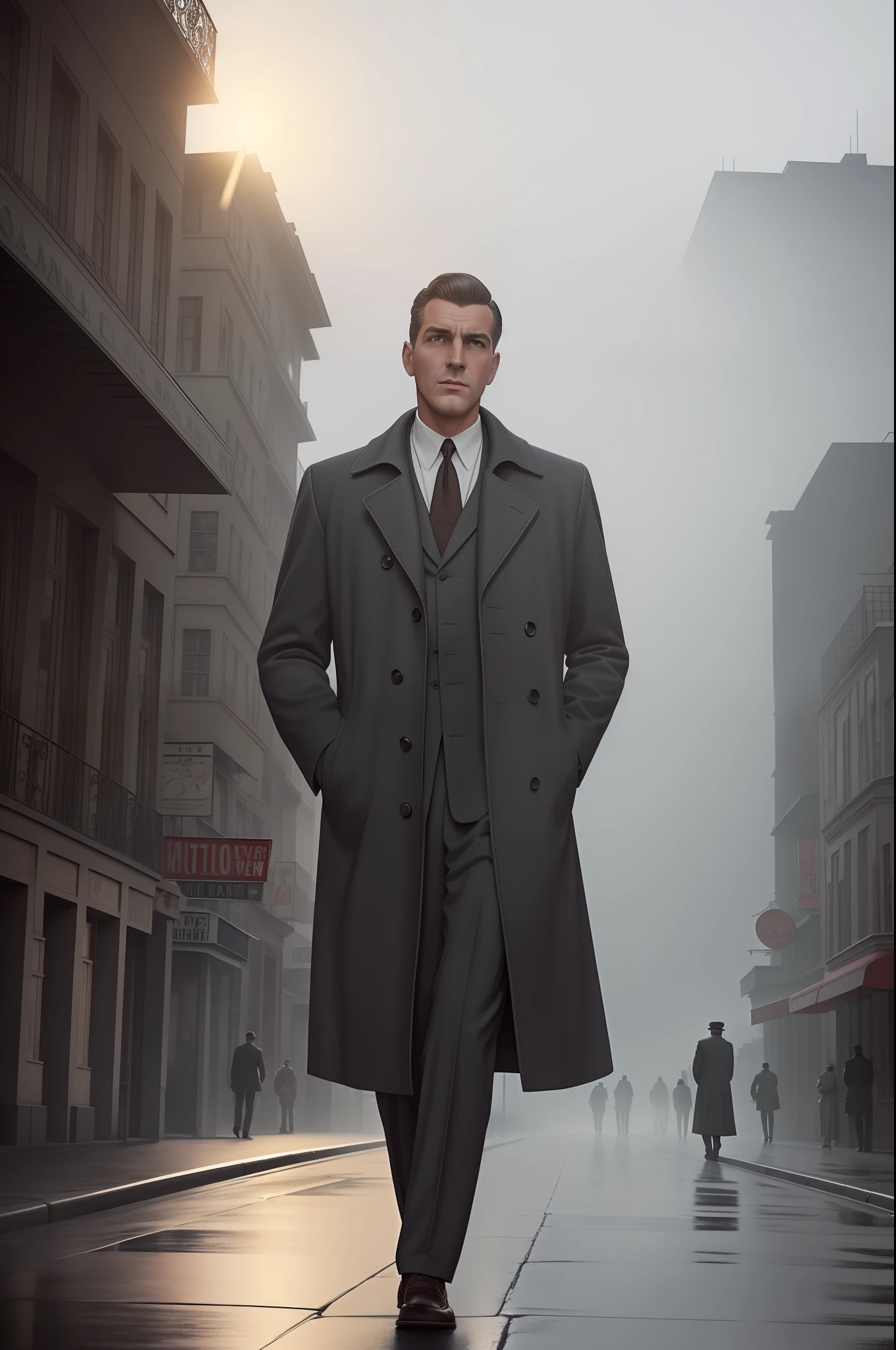 1950s. Frontal view. Man walking the street and looking forward. An inexpensive gray coat. His lips are pursed and his gaze is tense. The situation is dangerous and serious. Colored. Misty atmosphere. Daytime lighting. An atmosphere of mystery and intrigue. The soft rays of the sun give hope for a better future.