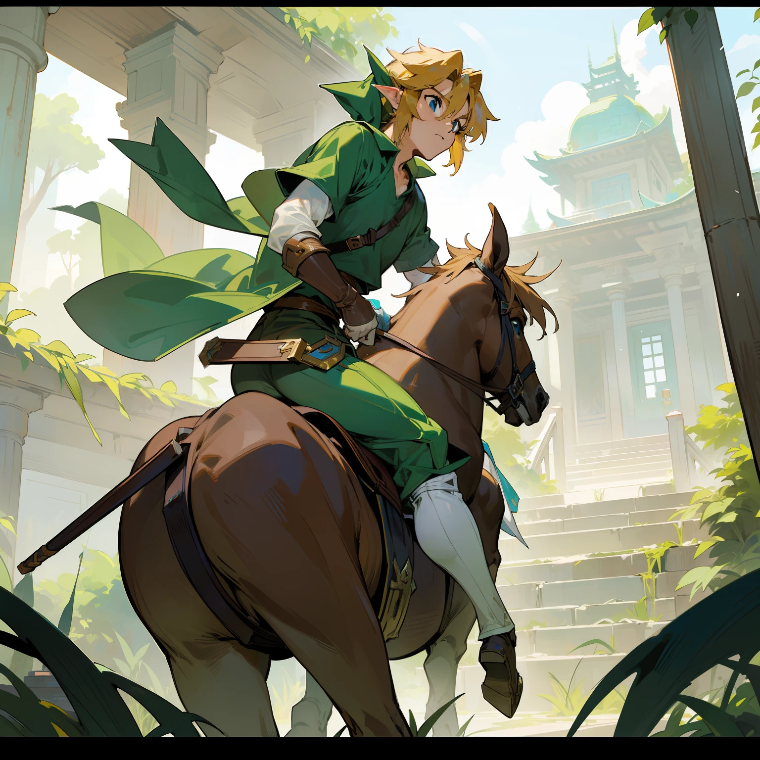 (masterpiece), (Link from the legends of zelda), (link riding a horse), (in front of a overgrown temple)